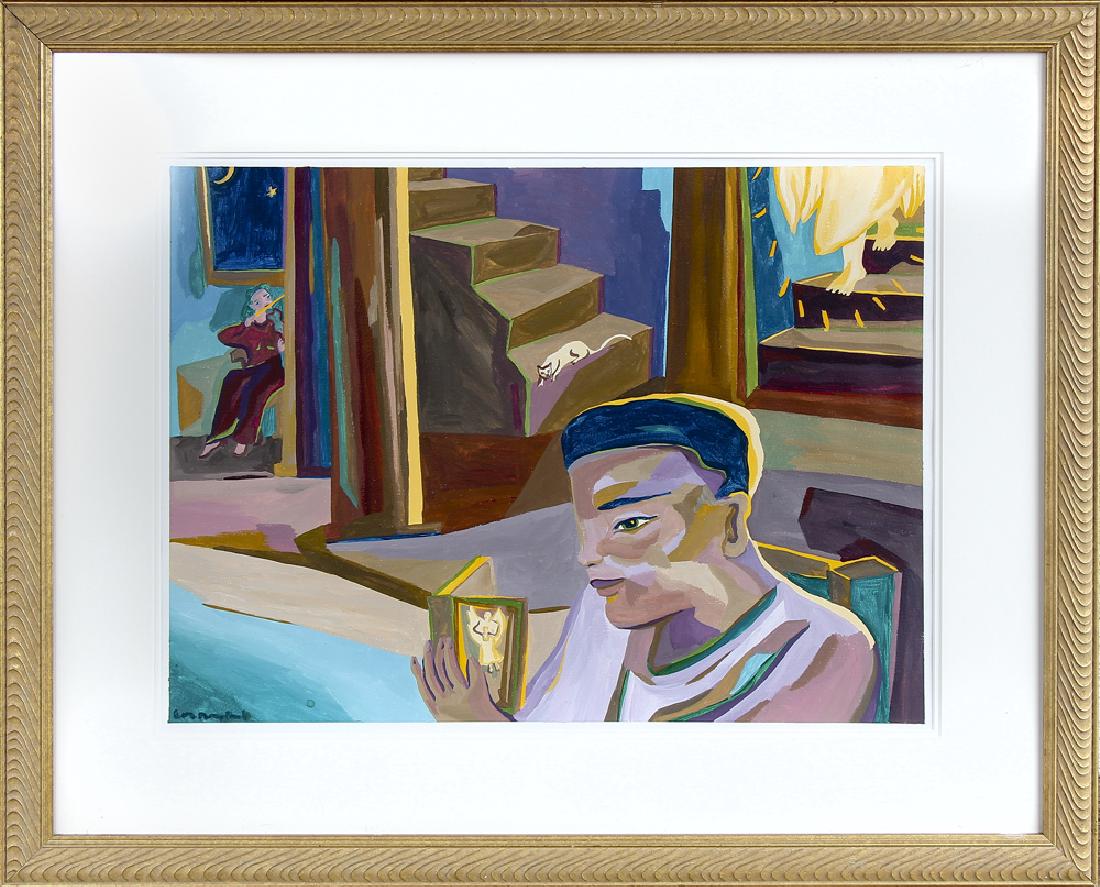 Lor Roybal - Angel on the Staircase: Artist: Lor Roybal Medium: Ceramic on board Date: n.d Dimensions: 16 x 20.5 in. Sight; 25 x 30 in. Framed Signature: LL Condition: Excellent