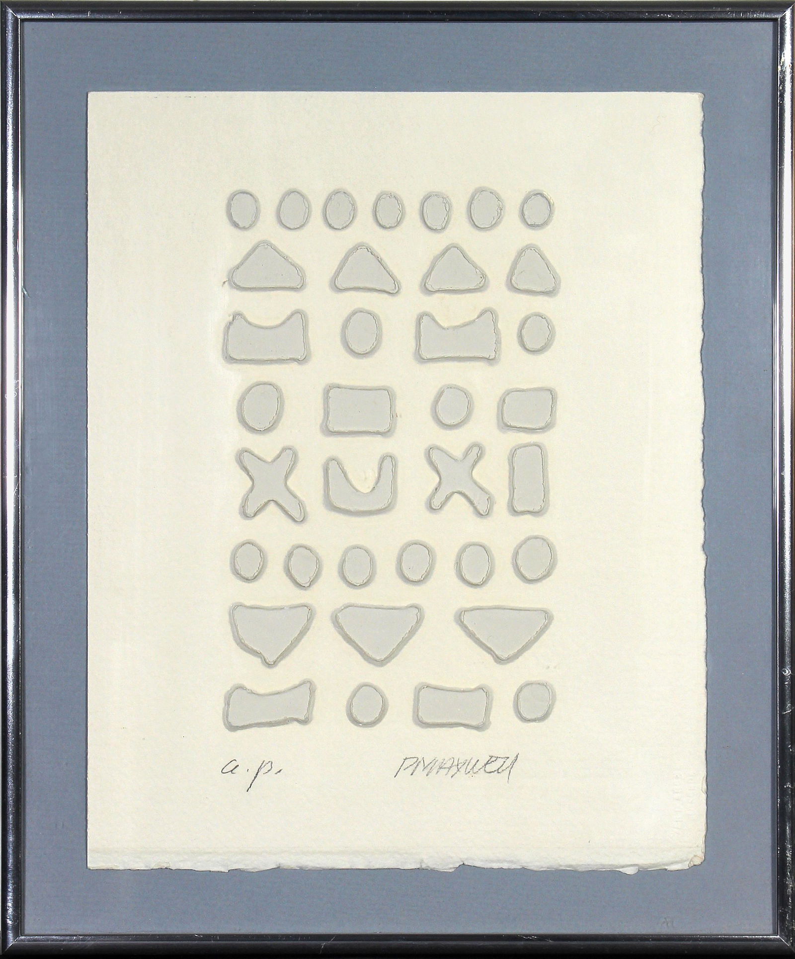 Paul Maxwell, (Abstract Shapes): ARTIST: Paul Maxwell (1921-1991) MEDIUM: Stencil-Casting EDITION: Artist’s Proof DATE: n.d. DIMENSIONS: 9.875 x 8 in. (image); 12.25 x 10.25 in. (framed) SIGNATURE: LR P Maxwell, LL a.p. CONDITION: