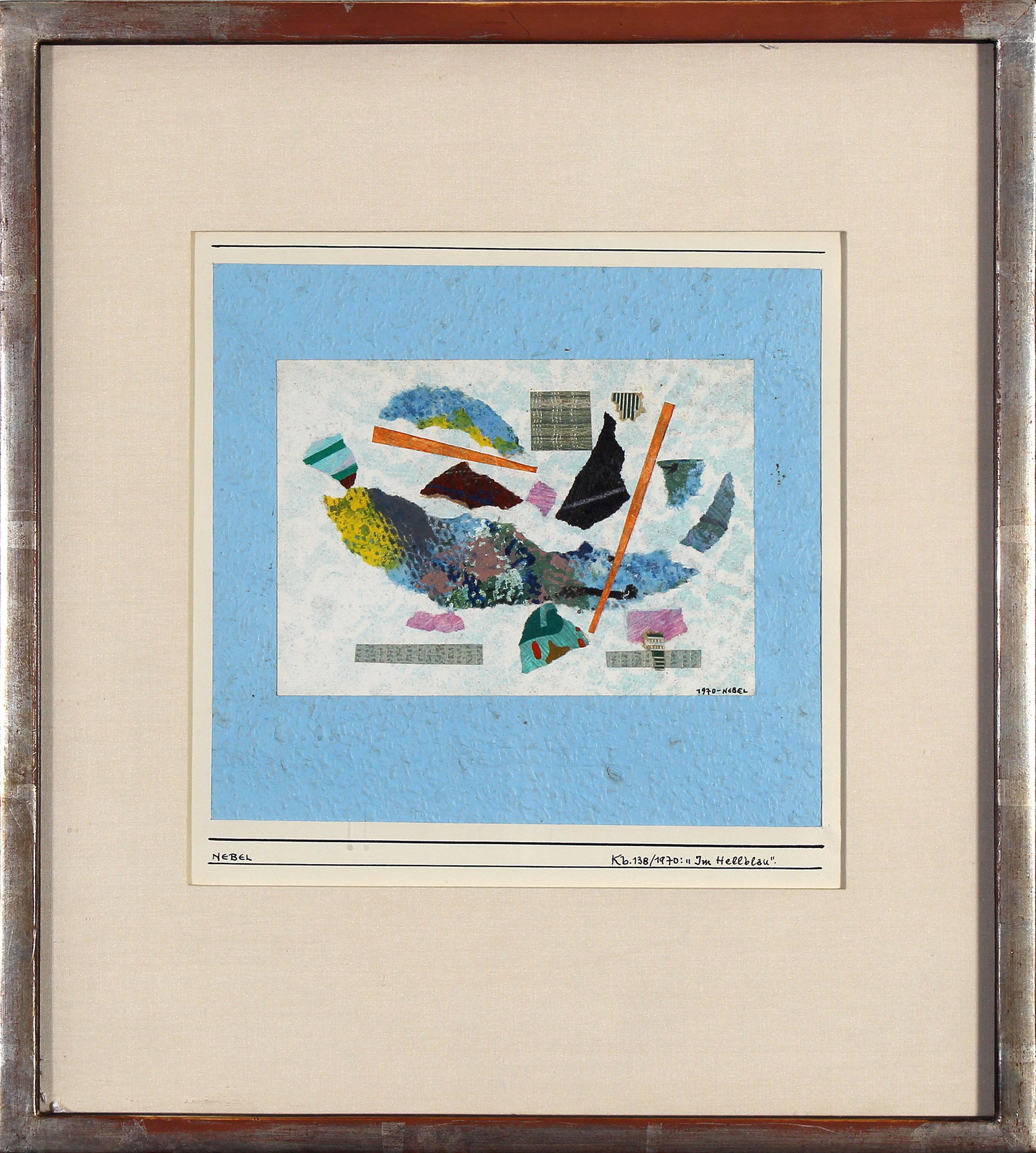 Otto Nebel, Im Hellblau: ARTIST: Otto Nebel (1892-1973) MEDIUM: Collage DATE: 1970 DIMENSIONS: 7.875 x 8 in. (image); 14.25 x 11.625 in. (framed) SIGNATURE: LL Nebel, LR Kb. 138/1970: Im Hellblau CONDITION: Good PROVENANCE: L