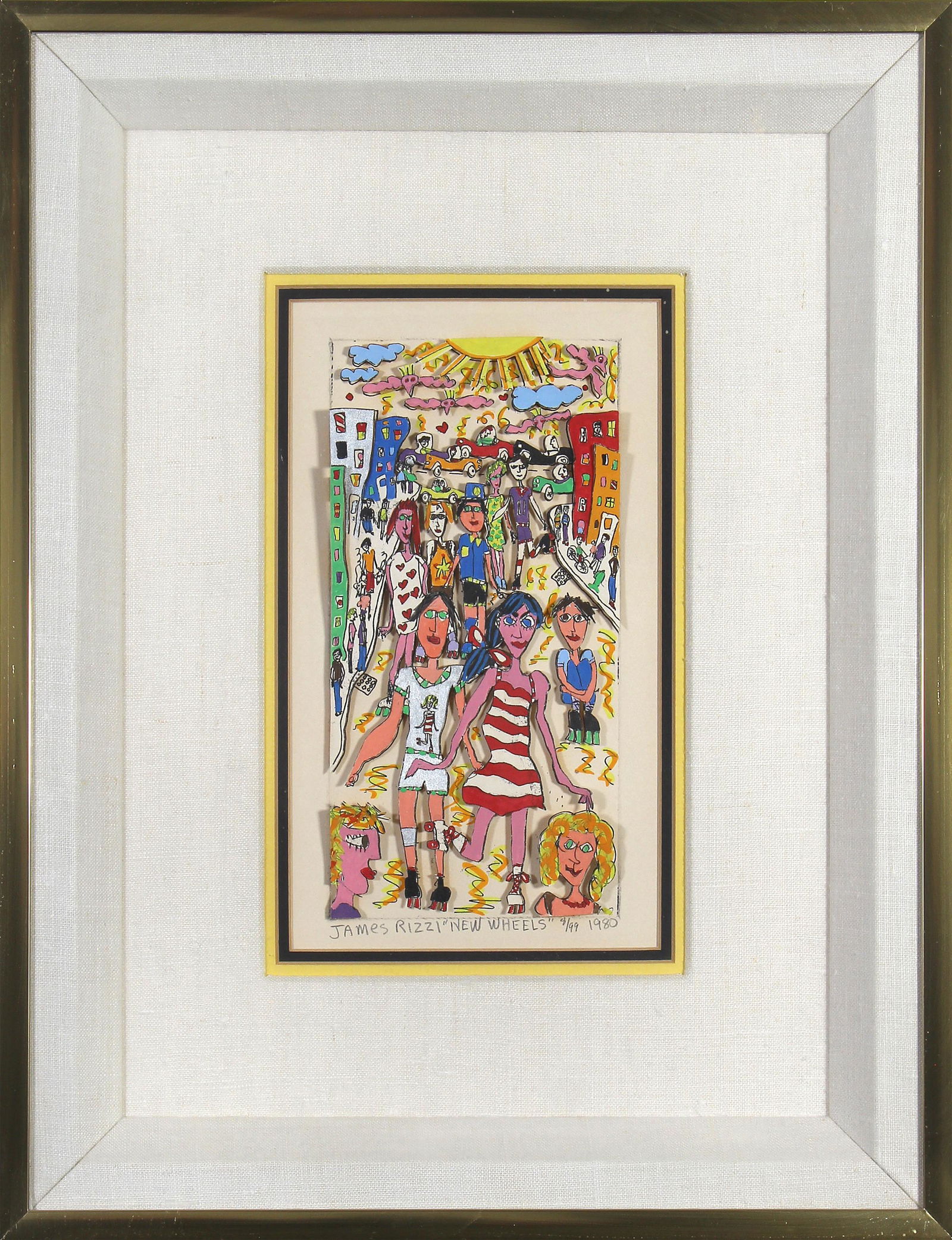 James Rizzi, New Wheels: ARTIST: James Rizzi (1950-2011) MEDIUM: Lithograph in Colors DATE: 1980 DIMENSIONS: 8.625 x 5 in. (image); 15.25 x 11.625 in. (framed) SIGNATURE: LL in pencil James Rizzi New Wheels, LR 8/99, 1980 CON