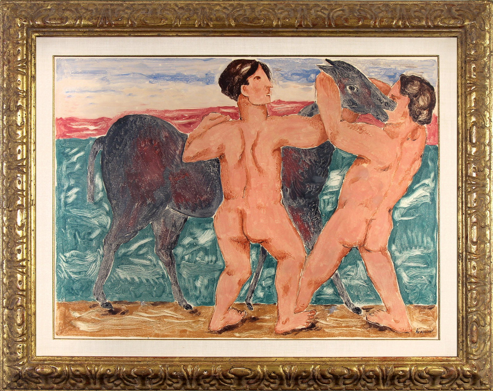 Peter Krasnow, Untitled (Two Nudes with Horse): ARTIST: Peter Krasnow (1886-1979) MEDIUM: Mixed Media DATE: n.d. DIMENSIONS: 16.5 x 22.75 in. (image); 23.25 x 29.5 in. (framed) SIGNATURE: LR Krasnow CONDITION: Fine PROVENANCE: Larry Linksey, Los An