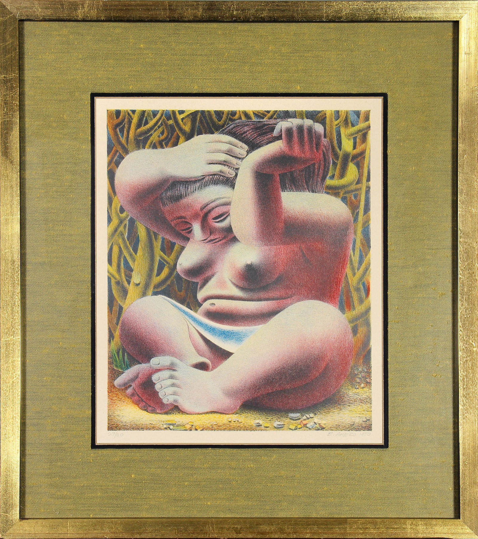 Emilio Amero, Untitled (Seated Nude Pulling Back Hair): ARTIST: Emilio Amero (1901-1976) MEDIUM: Lithograph DATE: 1950 DIMENSIONS: 13 x 10.75 in. (image); 20.25 x 18 in. (framed) SIGNATURE: LL in pencil 27/30, LR E. Amero 1950 CONDITION: Fine PROVENANCE: L