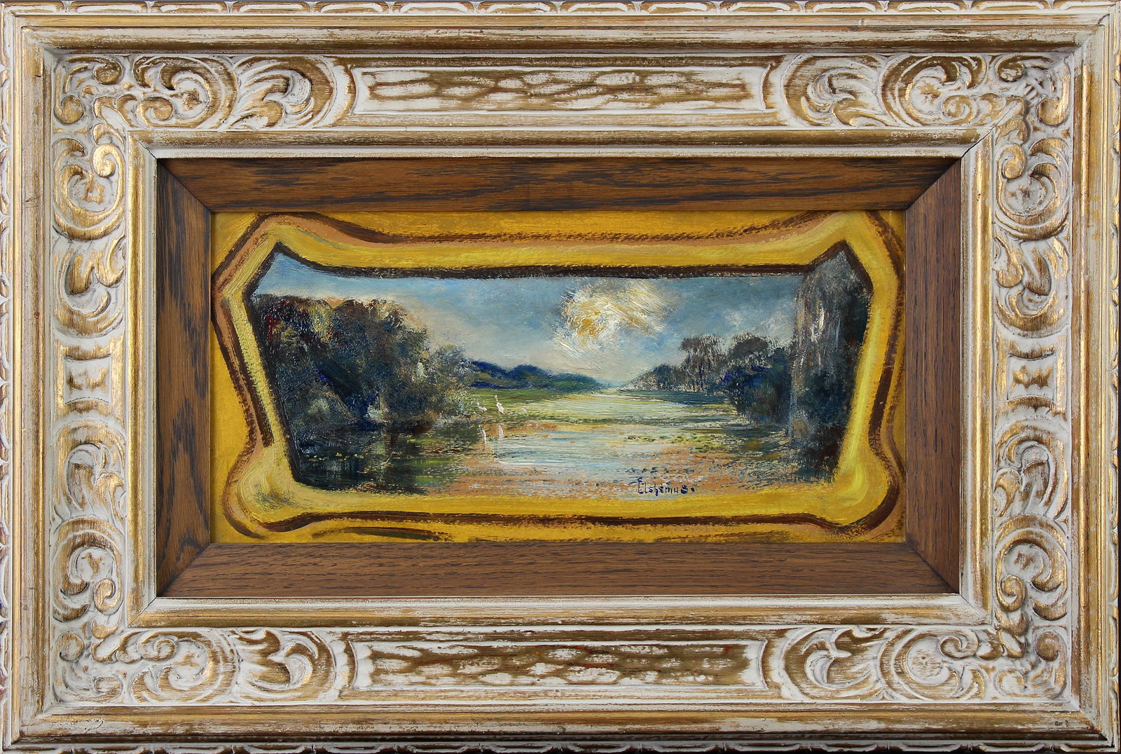 Louis Michel Eilshemius, Untitled (Landscape with Pond): ARTIST: Louis Michel Eilshemius (1864-1941) MEDIUM: Oil on Board DATE: n.d. DIMENSIONS: 7.75 x 16.25 in. (sight); 17.625 x 26 in. (framed) SIGNATURE: LR Eilshemius CONDITION: Fine PROVENANCE: Larry Li