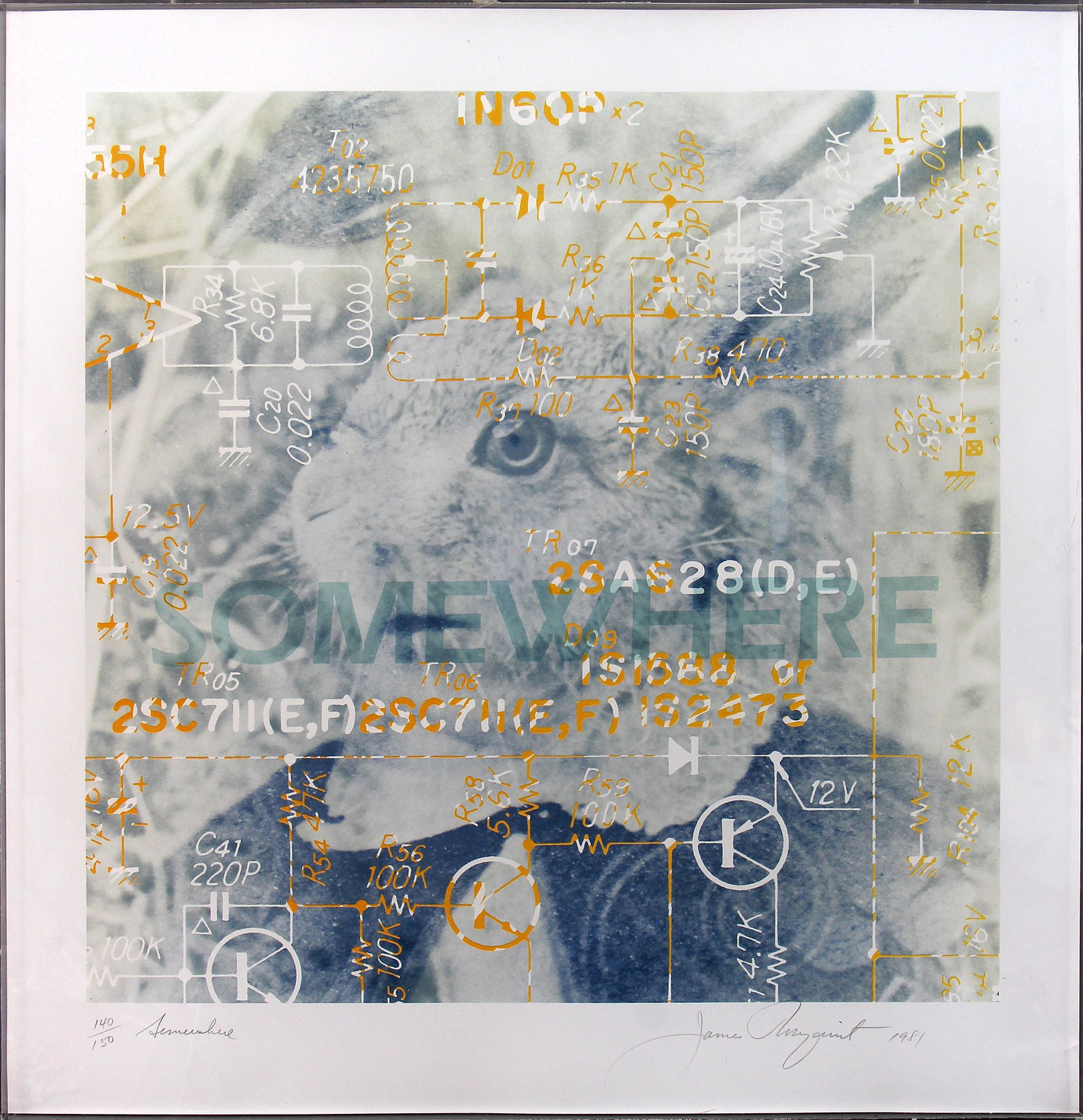 James Rosenquist, Somewhere: ARTIST: James Rosenquist (1933-2017) MEDIUM: Lithograph DATE: 1981 DIMENSIONS: 28 x 27.75 in. (image); 34 x 33 in. (framed) SIGNATURE: LL in pencil 140/150 Somewhere, LR James Rosenquist 1981 CONDITIO