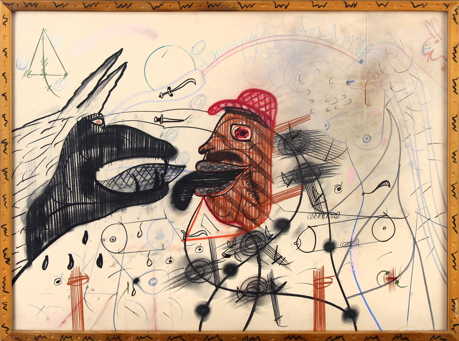 Roy De Forest, Untitled (Wolf and Hunter): ARTIST: Roy De Forest (1930-2007) MEDIUM: Crayon, Graphite, Colored Pencil, Pastel on Arches Paper DATE: 1976 DIMENSIONS: 22 x 29.5 in. (sight); 23.75 x 31 in. (framed) SIGNATURE: UR to mid-center in