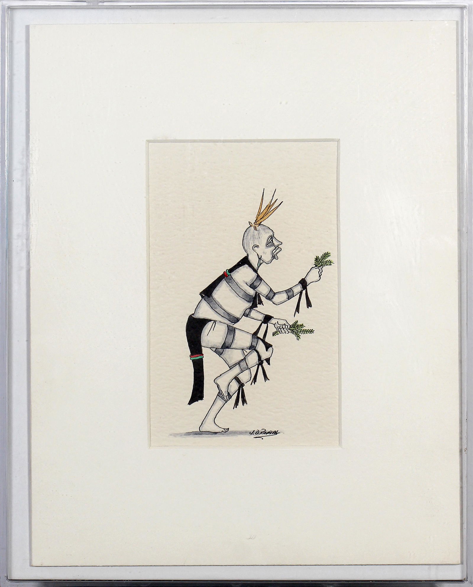 J.D. Roybal, Untitled (Koshare Dancer): ARTIST: J.D. Roybal (1922-1978) MEDIUM: Pen and Ink DATE: n.d. DIMENSIONS: 5.125 x 3.25 in. (image); 10.25 x 8.25 in. (framed) SIGNATURE: LR J.D. Roybal CONDITION: Fine PROVENANCE: Larry Linksey, Los