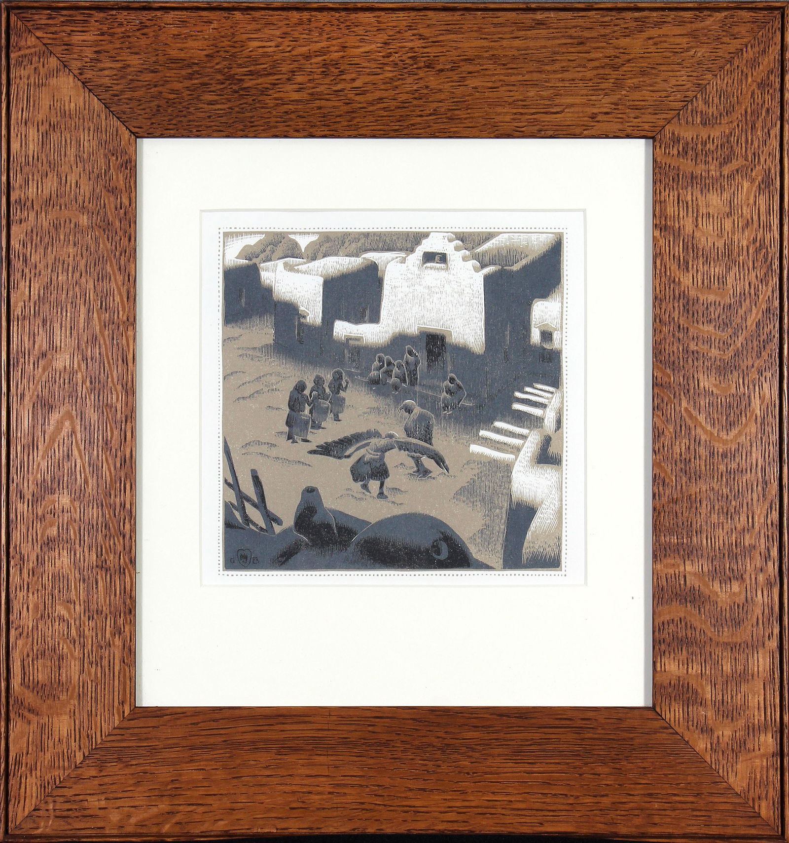 Gustave Baumann, Eagle Dance Ceremony at Tesuque Pueblo: ARTIST: Gustave Baumann (1881-1971) MEDIUM: Woodcut DATE: 1932 DIMENSIONS: 7.5 x 7 in. (sight); 15.5 x 14.5 in. (framed) EDITION: 3000 SIGNATURE: LL Baumann chop mark in the block CONDITION: Fine PROV