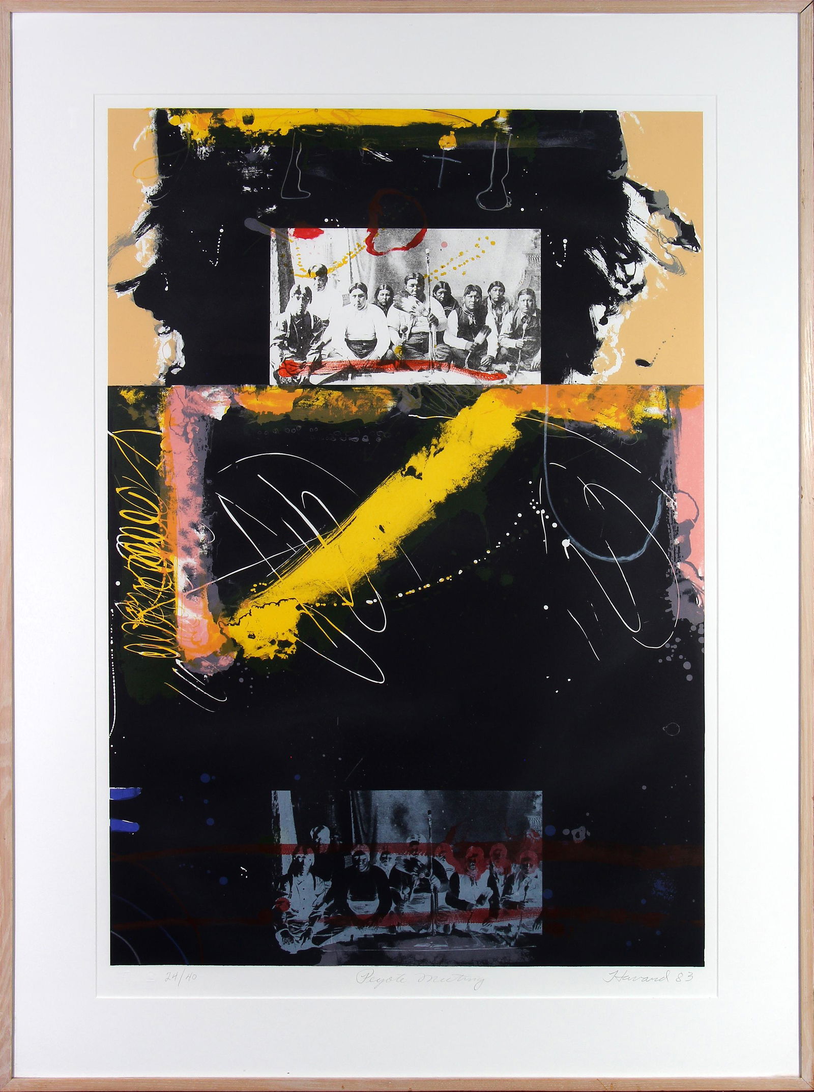 James Havard, Peyote Meeting: ARTIST: James Havard (1937-2020) MEDIUM: Lithograph in Colors DATE: 1983 DIMENSIONS: 37.375 x 24.75 in. (sight); 45.625 x 32.5 in. (framed) SIGNATURE: LL in pencil 24/40, LL printers chop marks, LC Pe