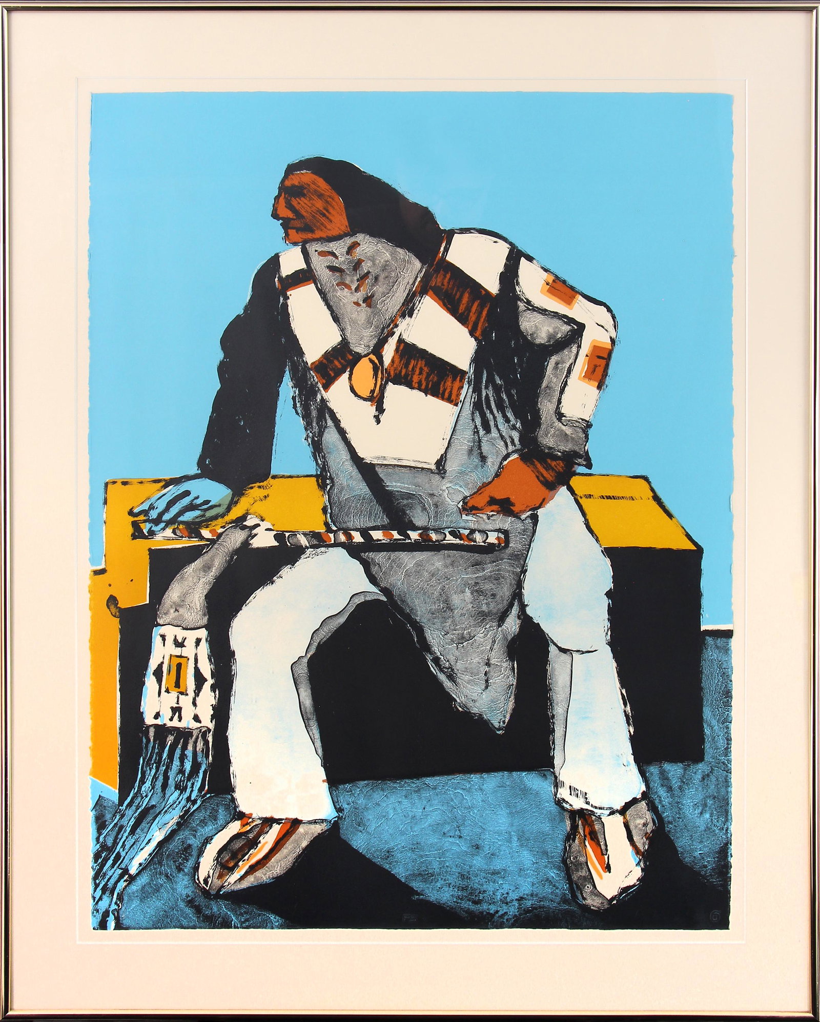 Fritz Scholder, Another Deco Indian: ARTIST: Fritz Scholder (1937-2005) MEDIUM: Lithograph in Colors DATE: n.d. DIMENSIONS: 30 x 22 in. (image); 36.5 x 28.5 in. (framed) SIGNATURE: LL chop mark, LC Scholder, LC chop mark, LR chop mark CO