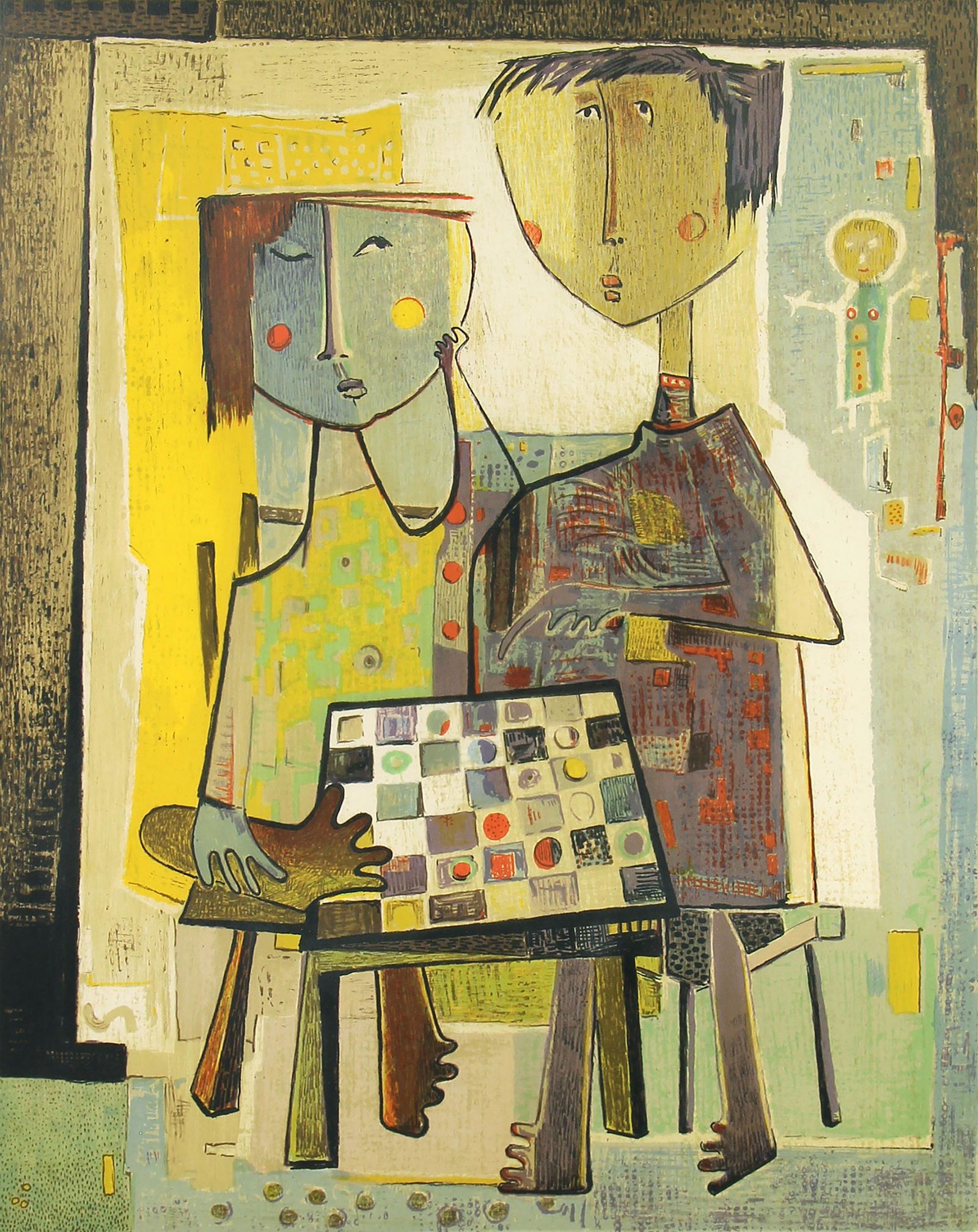 Angel Botello, Ninos Jugando Ajedrez: ARTIST: Angel Botello (1913-1986) MEDIUM: Lithograph in Colors DATE: n.d. DIMENSIONS: 21.375 x 17.125 in. (image); 22.5 x 17.875 in. (sight); 28.75 x 24.25 in. (framed) â€¨SIGNATURE: Signed in pen