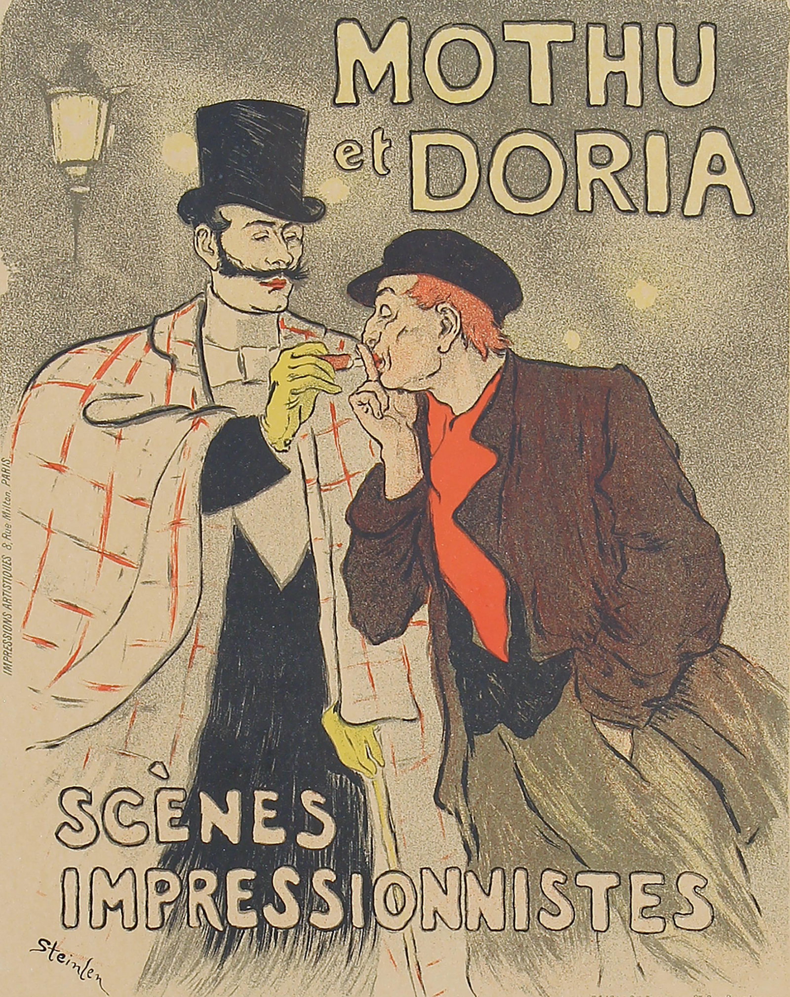 Theophile Steinlen, Mothu et Doria (Poster): ARTIST: Theophile Steinlen (1859-1923) MEDIUM: Lithograph DATE: 1893 DIMENSIONS: 12 x 8.5 in. (image); 15.625 x 11.5 in. (sheet); 18.625 x 14.375 in. (framed) CONDITION: Good PROVENANCE: Larry Linksey