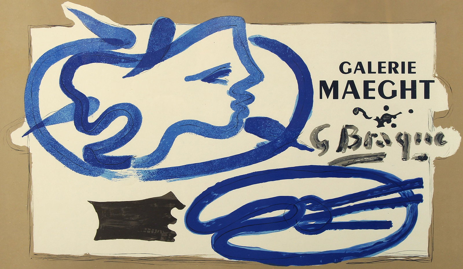 Georges Braque, Galerie Maeght (Exhibition Poster): ARTIST: Georges Braque (1882-1963) MEDIUM: Lithograph in Colors DATE: circa 1950s DIMENSIONS: 19.375 x 28 in. (image); 20.5 x 29 in. (framed) CONDITION: Excellent PROVENANCE: Larry Linksey, Los Angele