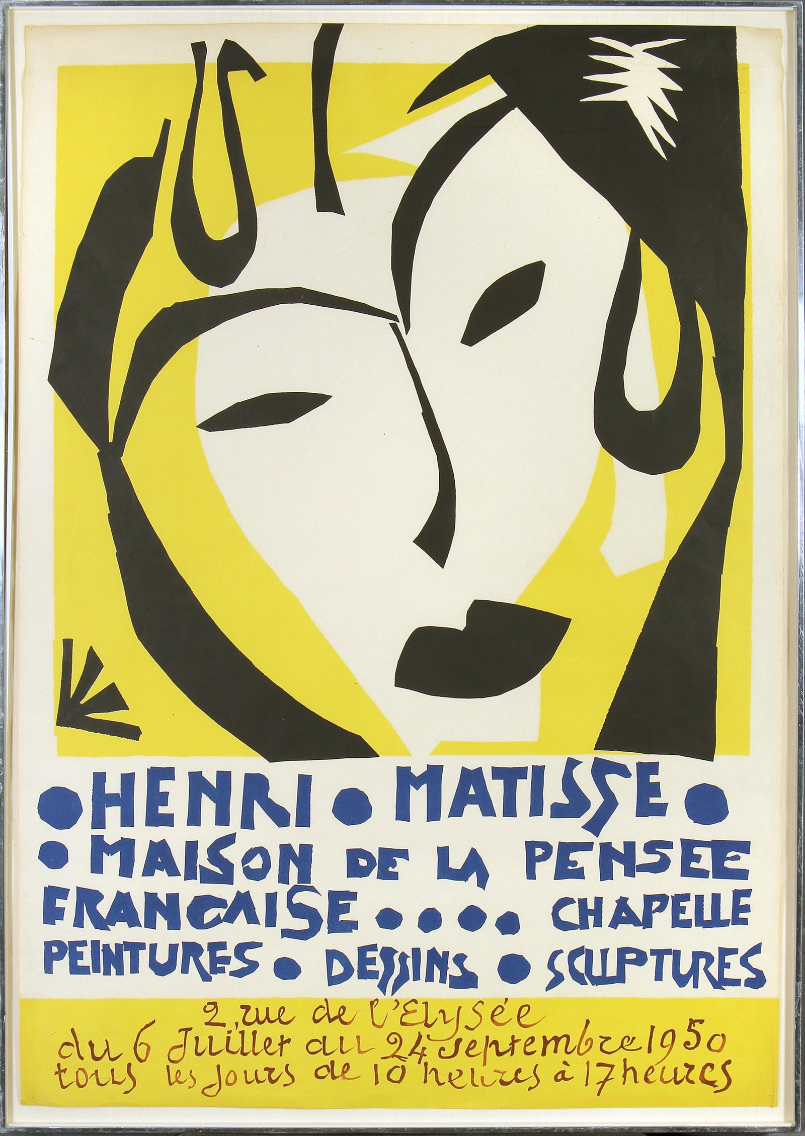 Henri Mattise, Maison De La Pensee (Exhibition Poster): ARTIST: Henri Mattise (1869-1954) MEDIUM: Lithograph in Colors DATE: 1950 DIMENSIONS: 29.75 x 20.625 in. (image and sheet); 31.25 x in. (framed) CONDITION: Good PROVENANCE: Larry Linksey, Los Angeles,