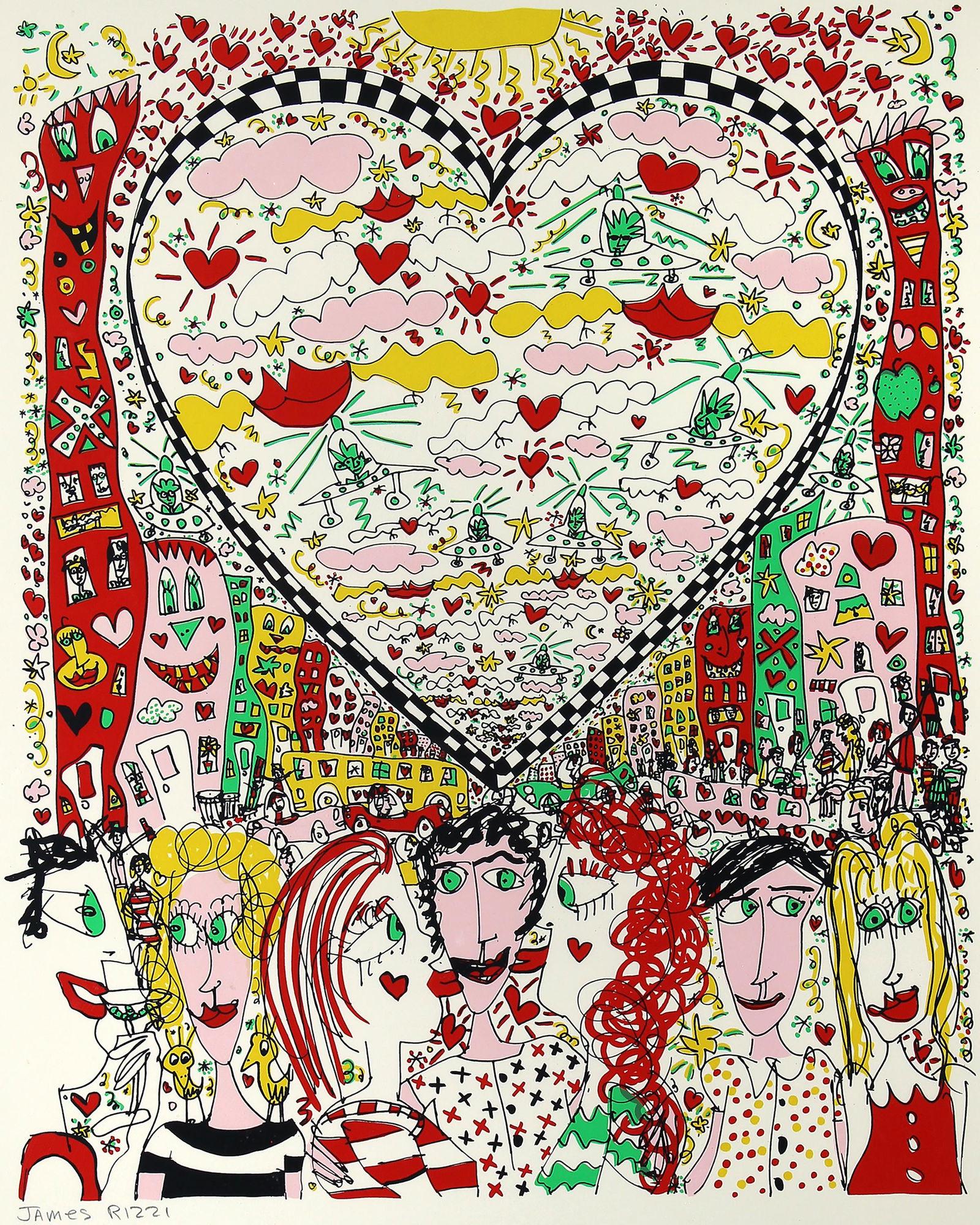 James Rizzi, Untitled (Love City): ARTIST: James Rizzi (1950-2011) MEDIUM: Screenprint DATE: n.d. DIMENSIONS: 24 x 19 in. (image); 32.125 x 21.25 in. (sheet); 32.75 x 21.875 in. (framed) SIGNATURE: Signed in pencil LL James Rizzi CONDI