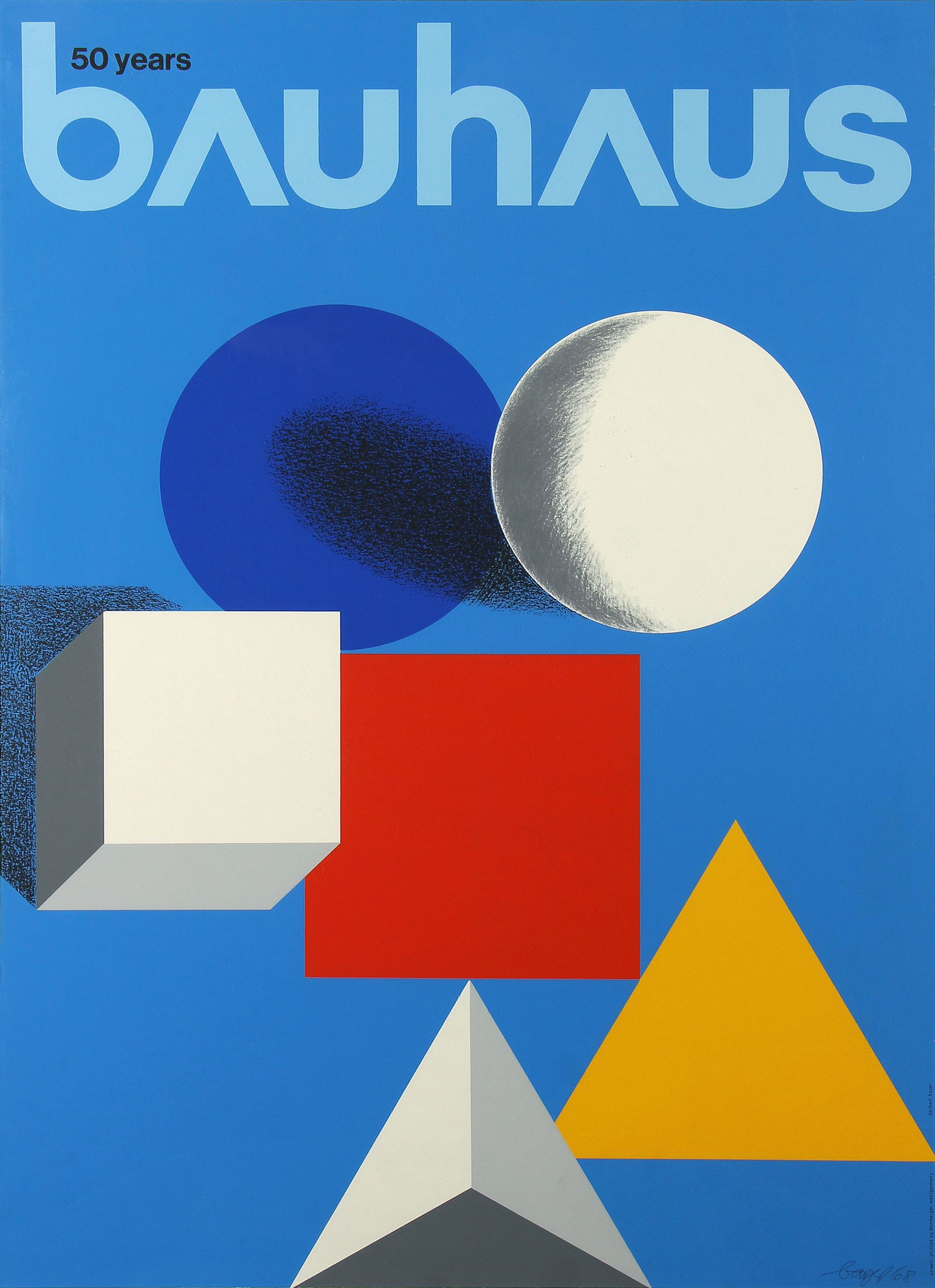 Herbert Bayer, 50 Years Bauhaus (Exhibition Poster): ARTIST: Herbert Bayer (1900-1985) MEDIUM: Screenprint DATE: 1968 DIMENSIONS: 33 x 23.25 in. (image and sheet); 34.875 x 25.25 in. (framed) SIGNATURE: Signed in pencil LL Bayer 68 CONDITION: Fine PROVE