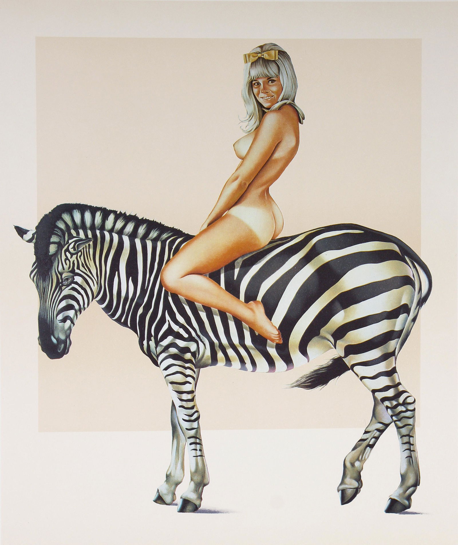 Mel Ramos, Zebra: ARTIST: Mel Ramos (1935-2018) MEDIUM: Lithograph in Colors DATE: 1979 DIMENSIONS: 20.625 x 17.75 in. (image); 25.375 x 20.75 in. (framed) SIGNATURE: Signed in pencil LL 84/250, LR Mel Ramos, printers