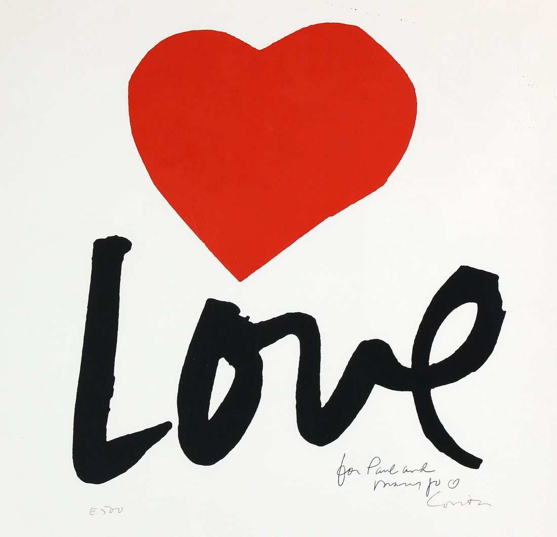 Sister Mary Corita Kent, Love: ARTIST: Sister Mary Corita Kent (1918-1986) MEDIUM: Screenprint DATE: n.d. DIMENSIONS: 11.125 x 11.125 in. (image); 12.375 x 12.375 in. (framed) SIGNATURE: Signed in pen LL "E 500", LR "for Paul and M