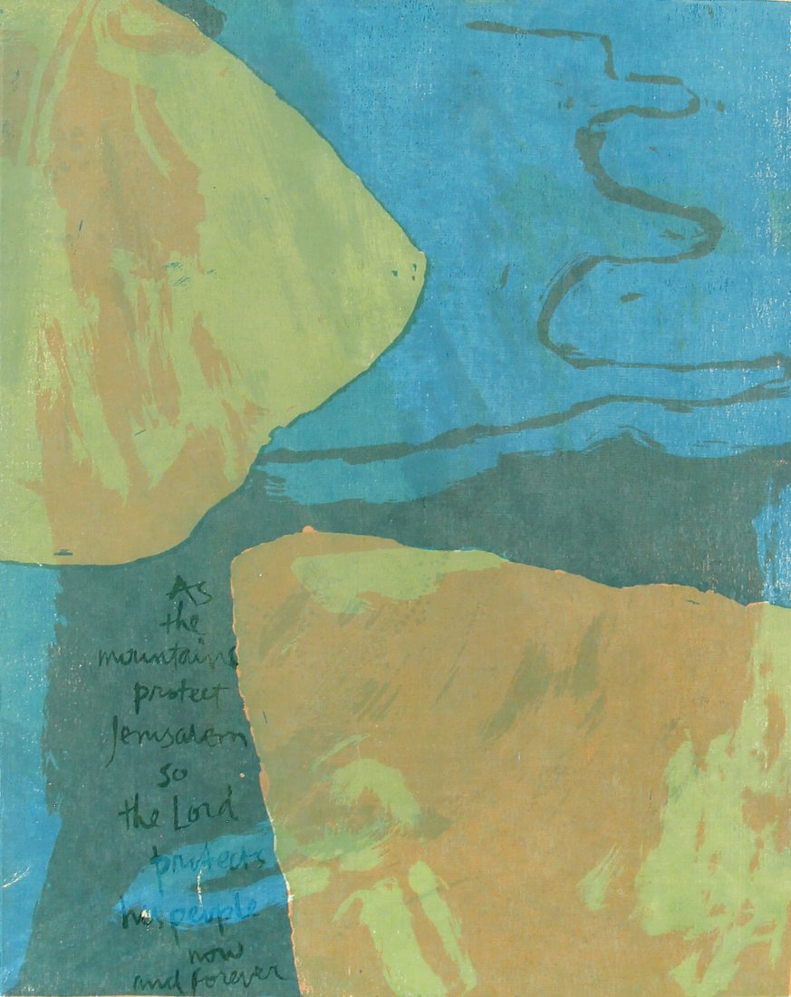 Sister Mary Corita Kent, As the Mountains: ARTIST: Sister Mary Corita Kent (1918-1986) MEDIUM: Screenprint DATE: n.d. DIMENSIONS: 22.5 x 17 in. (image); 30 x 24 in. (framed) SIGNATURE: Signed in pen LL "As the mountains", LR "Sister Mary Corit
