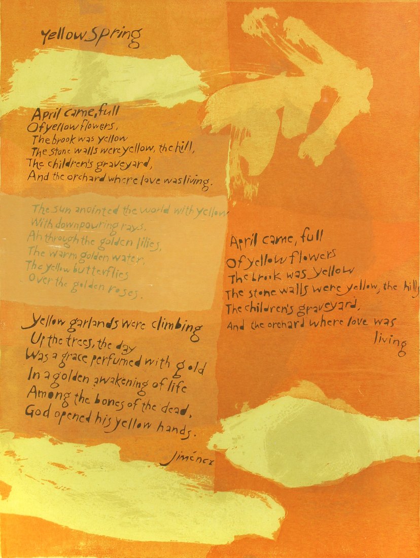 Sister Mary Corita Kent, Yellow Spring: ARTIST: Sister Mary Corita Kent (1918-1986) MEDIUM: Screenprint DATE: n.d. DIMENSIONS: 30.5 x 22.5 in. (image); 37 x 28.5 in. (framed) SIGNATURE: Signed in pencil LL "Yellow Spring", LR "Sister Mary C