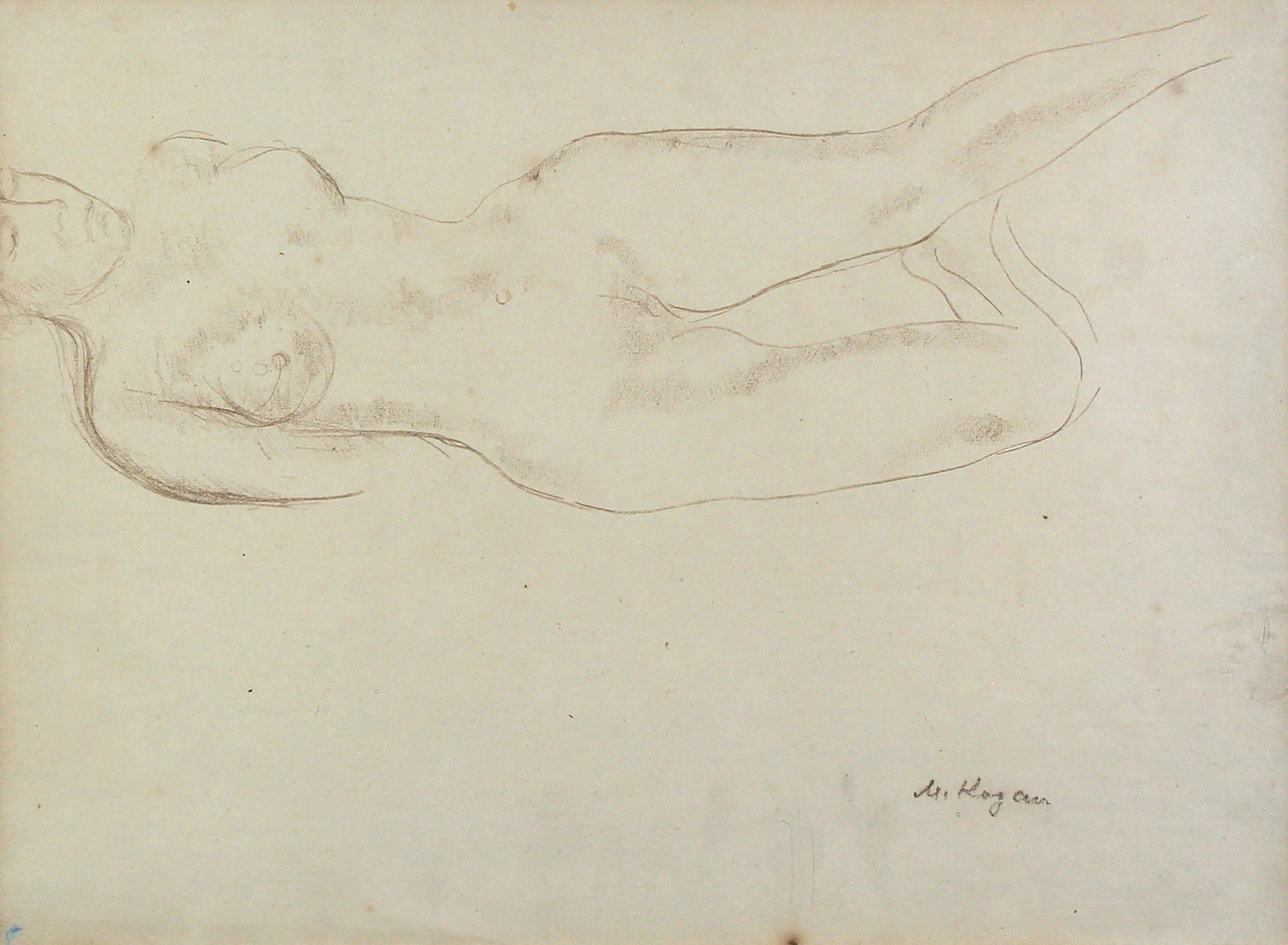 Moissey Kogan, Untitled (Reclining Nude): ARTIST: Moissey Kogan (1879-1943) MEDIUM: Pencil DATE: n.d. DIMENSIONS: 11.25 x 15 in. (sight); 18.5 x 22.25 in. (framed) SIGNATURE: Signed in pencil lower right M. Kogan CONDITION: Good PROVENANCE: L