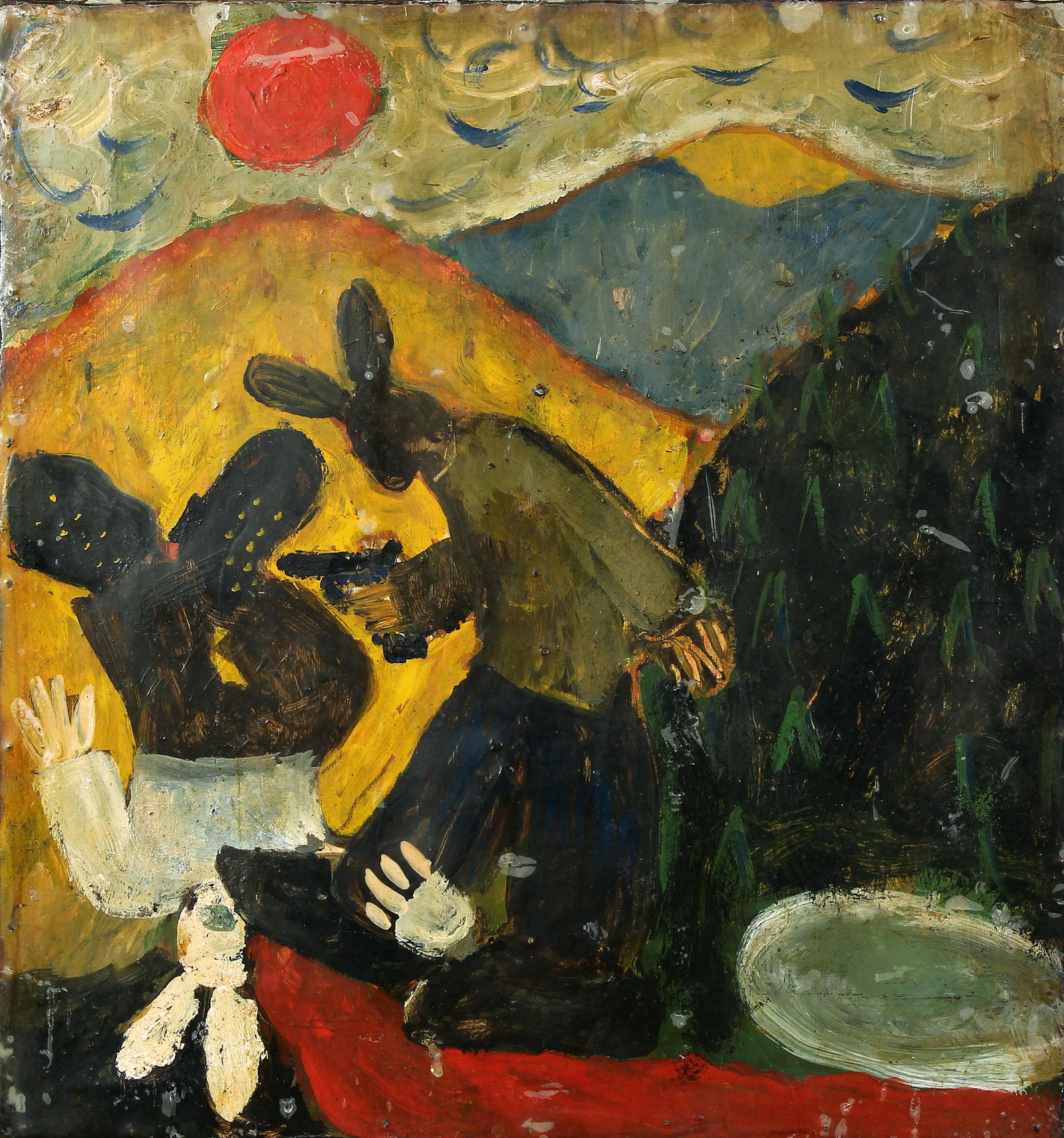 John Coltan, Incident at Kiger Island: ARTIST: John Coltan MEDIUM: Encaustic DATE: 1996 DIMENSIONS: 11.625 x 11 in. (image and frame) SIGNATURE: Signed in pencil on verso J Coltan 96 CONDITION: Fine PROVENANCE: Dr. Martin and Mrs. Deborah 