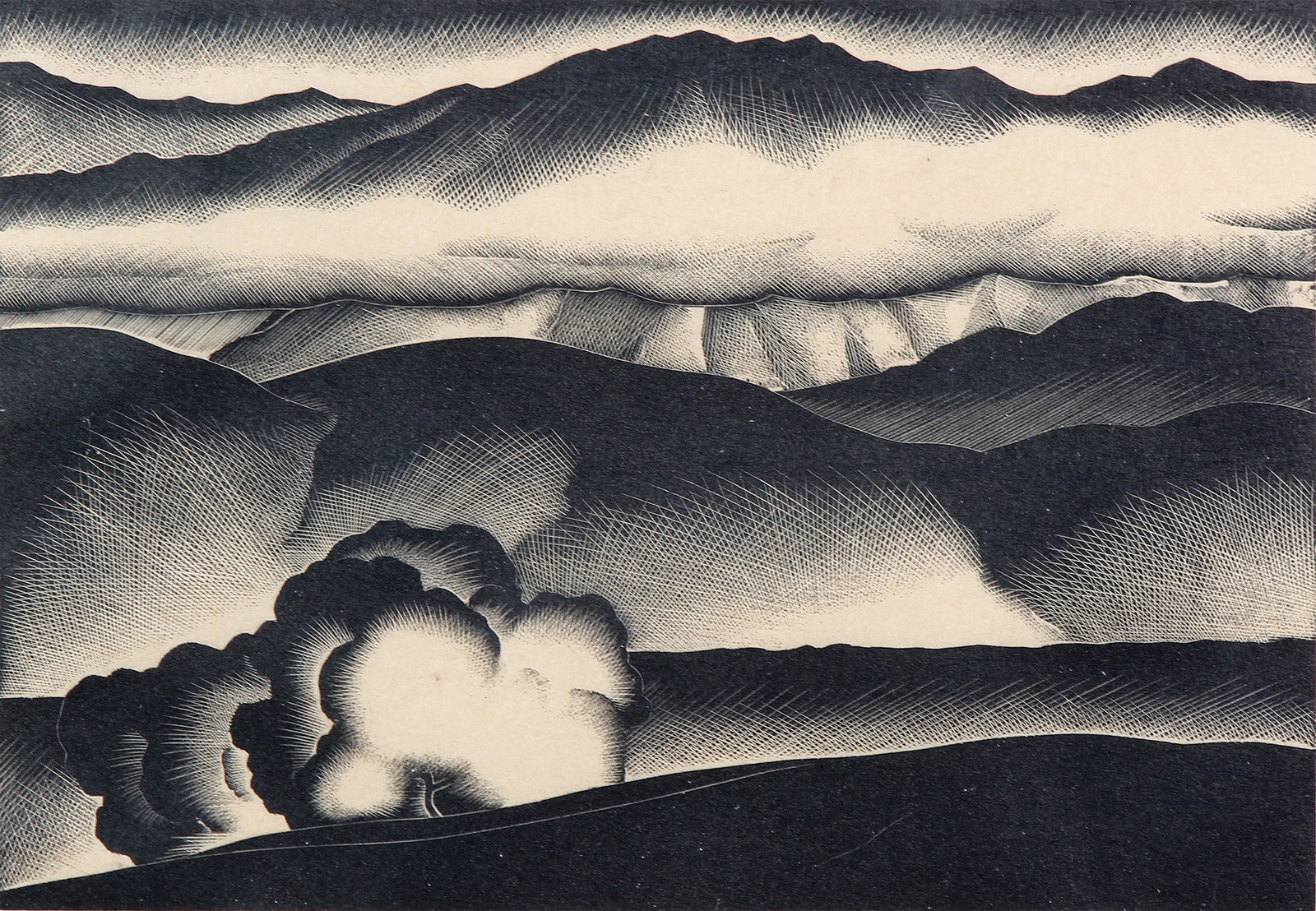 Paul Landacre, Nimbus: ARTIST: Paul Landacre (1893-1963) MEDIUM: Woodcut DATE: 1934 DIMENSIONS: 5.25 x 7.5 in. (image); 5.625 x 7.875 in. (sight); 11 x 13 in. (framed) SIGNATURE: Signed in pencil lower left II 14/150 Nimbus