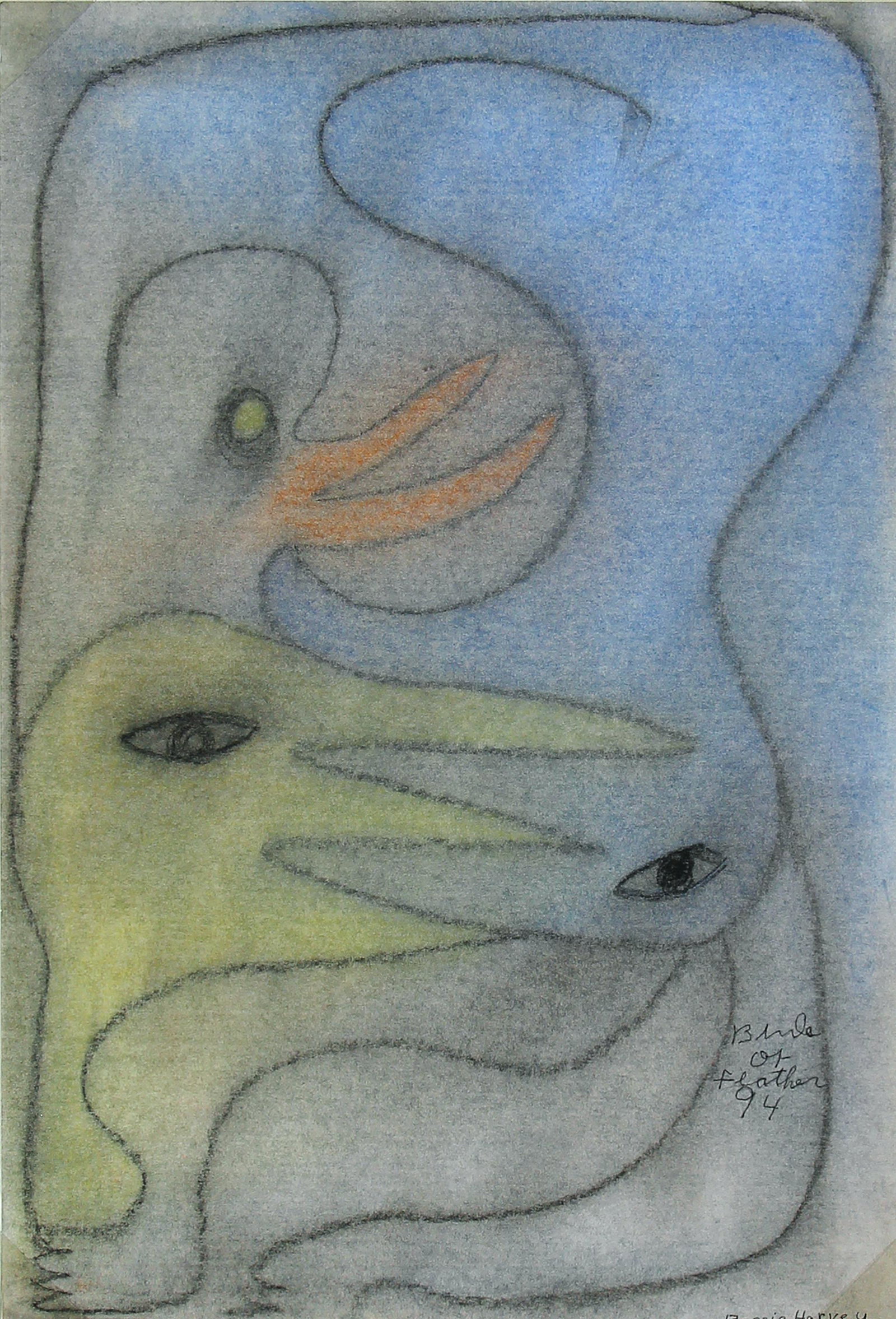 Bessie Harvey, Birds of Feather: ARTIST: Bessie Harvey (1929-1994) MEDIUM: Pastel DATE: 1994 DIMENSIONS: 18 x 12 in. (image and sheet); 25.25 x 20.25 in. (framed) SIGNATURE: Signed in pencil in image lower right Birds of Feather 94, 