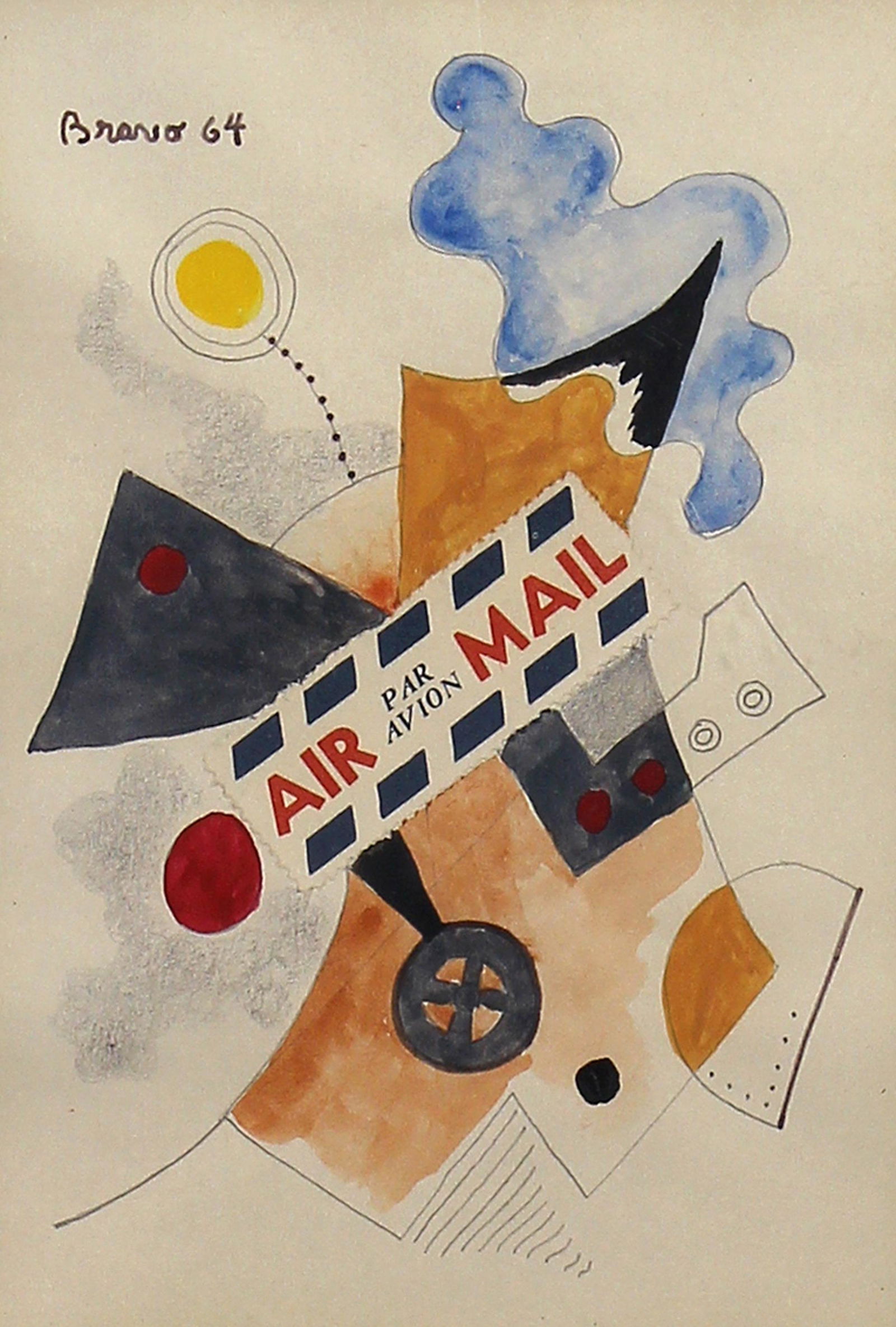 Gustavo Bravo, Air Mail: ARTIST: Gustavo Bravo (XX) MEDIUM: Watercolor, Collage DATE: 1964 DIMENSIONS: 5.5 x 4 in. (image); 14.5 x 12.25 in. (framed) SIGNATURE: Signed upper left in image Bravo 64 CONDITION: Good PROVENANCE: