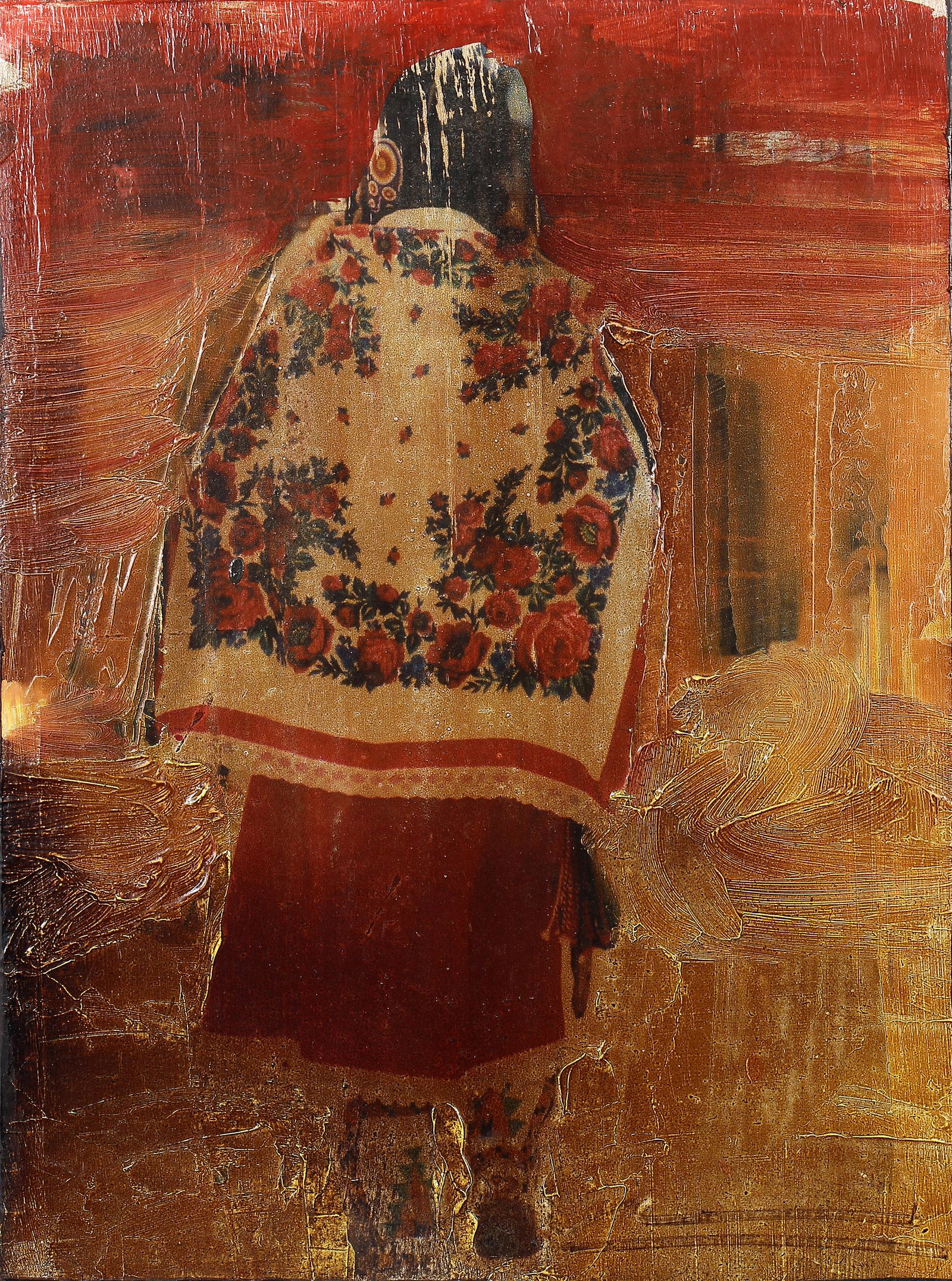Mateo Romero, Indian Shawl: ARTIST: Mateo Romero (b. 1966) MEDIUM: Acrylic, Collage on Panel DATE: n.d. DIMENSIONS: 16 x 12 in. (image and panel) SIGNATURE: Signed lower right Romero CONDITION: Fine PROVENANCE: Dr. Martin and Mr