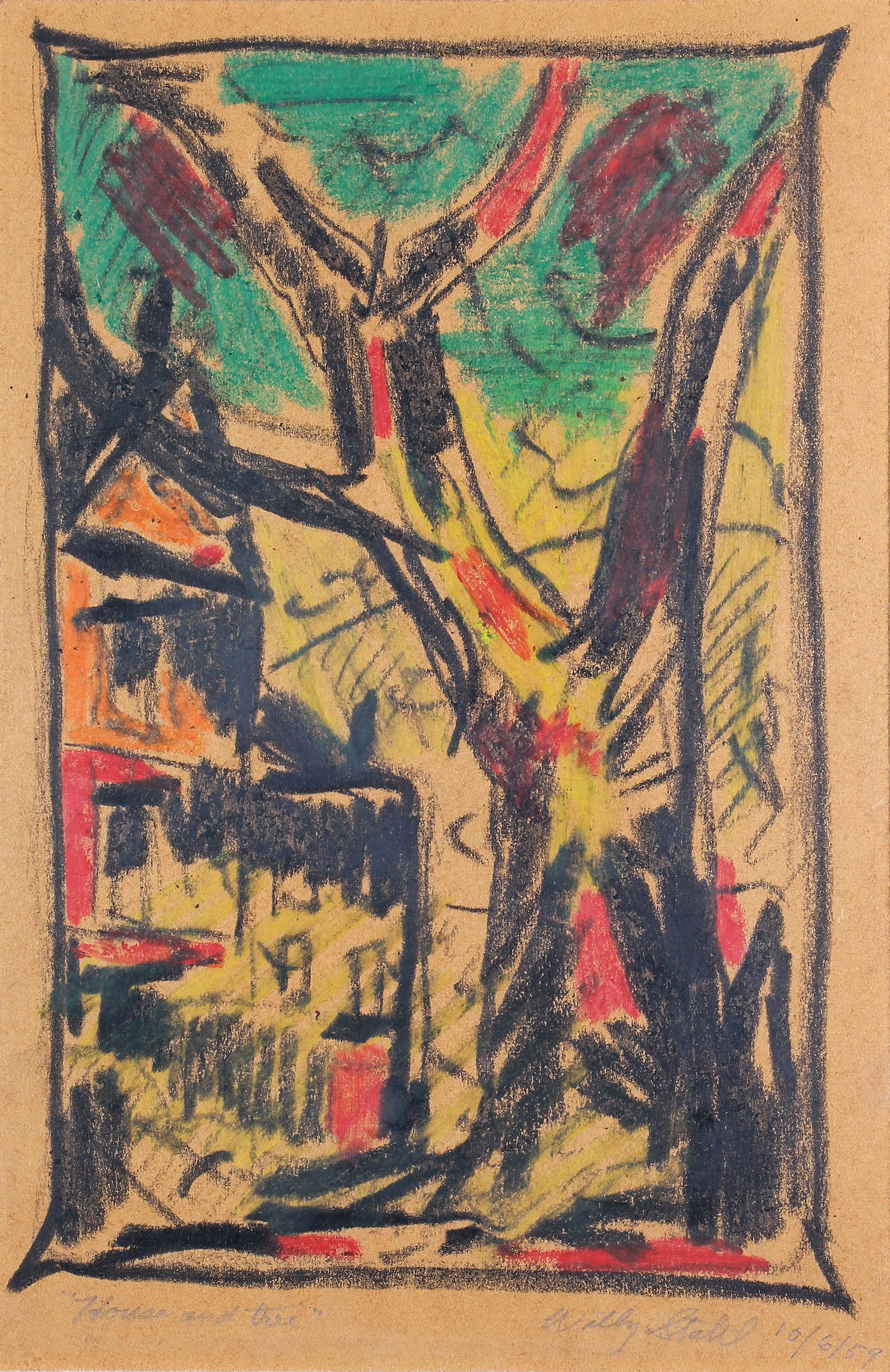 Willy Stahl, House and Tree: ARTIST: Willy Stahl (1896-1963) MEDIUM: Oil Stick DATE: 1959 DIMENSIONS: 10.5 x 7 in. (image); 14.5 x 10.625 in. (framed) SIGNATURE: Signed in pencil lower left House and tree, lower right Willy Stahl