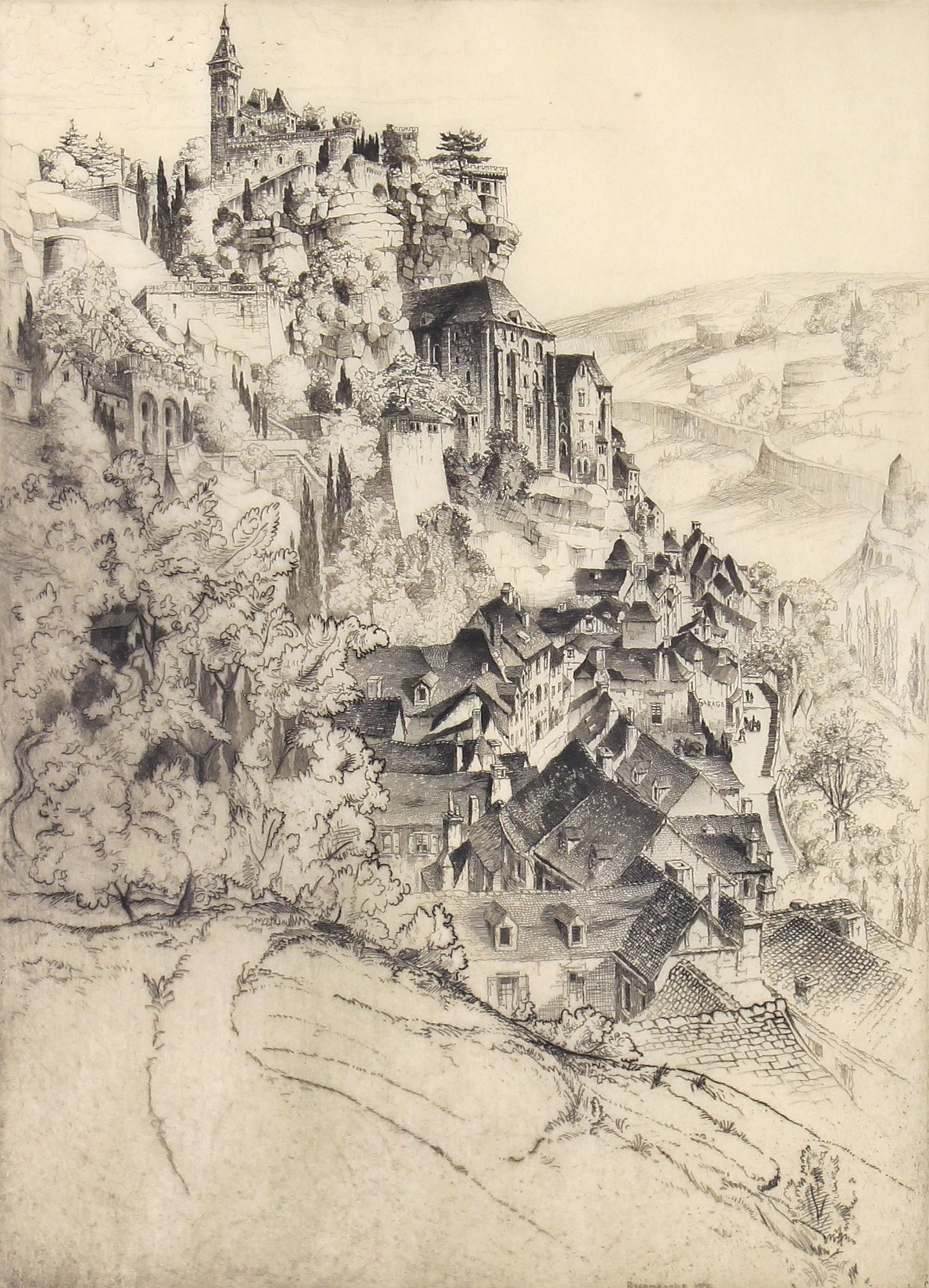 John Taylor Arms, Rocamadour: ARTIST: John Taylor Arms (1887-1953) MEDIUM: Etching DATE: 1927 DIMENSIONS: 14.5 x 10.5 in. (image); 21.25 x 17 in. (framed) SIGNATURE: Signed in plate Rocamadour 1926, signed in pencil lower left Fir
