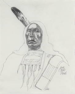 John Nieto, Jack Red Cloud: ARTIST: John Nieto (1936-2018) MEDIUM: Pencil DATE: n.d. DIMENSIONS: 10 x 8 in. (sight); 14.75 x 12.75 in. (framed) SIGNATURE: Lower right of image, titled mid lower right CONDITION: Fine