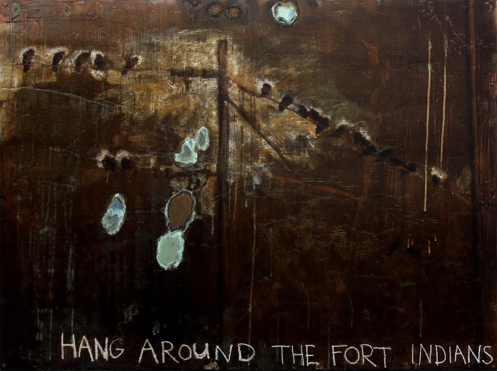 Mateo Romero, Untitled (Hang Around the Fort Indians): ARTIST: Mateo Romero (b. 1966) MEDIUM: Acrylic, Mixed Media on Panel DATE: n.d. DIMENSIONS: 36 x 48 in. (image and panel) SIGNATURE: Unsigned CONDITION: Fine PROVENANCE: Dr. and Mrs. Martin Fishbein, 