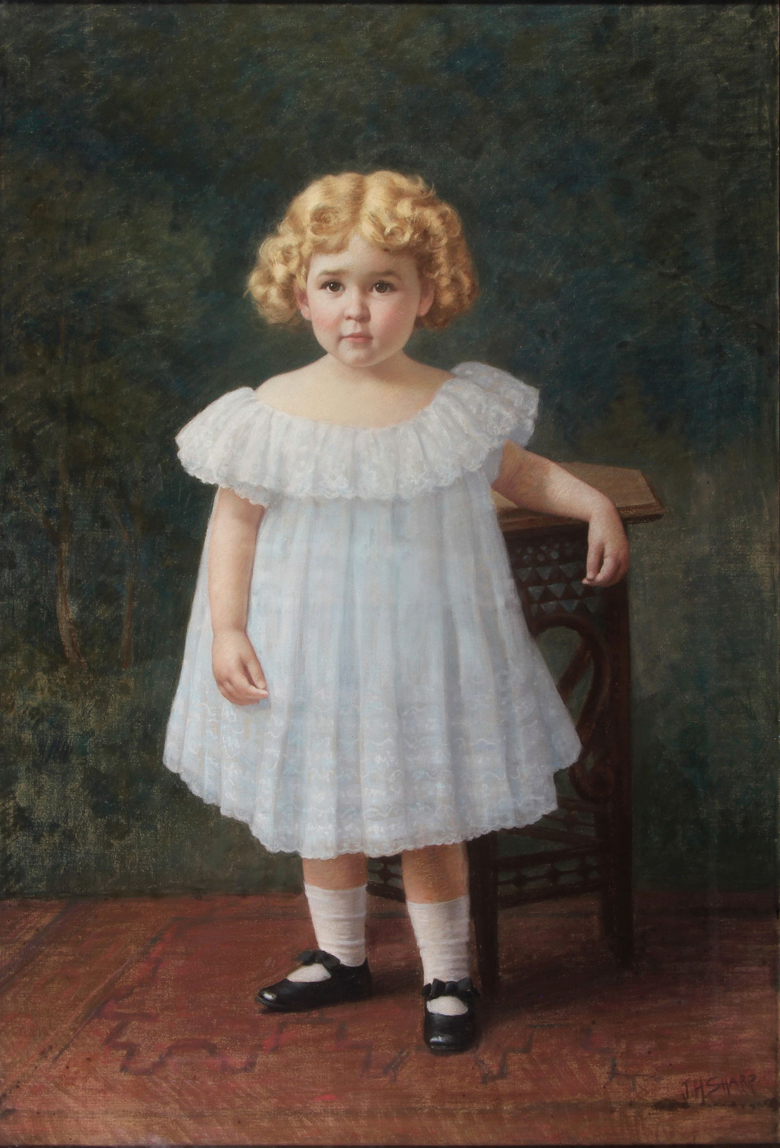 Joseph Henry Sharp, Untitled (Young Girl): ARTIST: Joseph Henry Sharp (1859-1953) MEDIUM: Pastel DATE: n.d. DIMENSIONS: 48 x 32.375 in. (sight); 51.25 x 36.25 in. (framed) SIGNATURE: Lower right J. H. Sharp CONDITION: Good PROVENANCE: Private