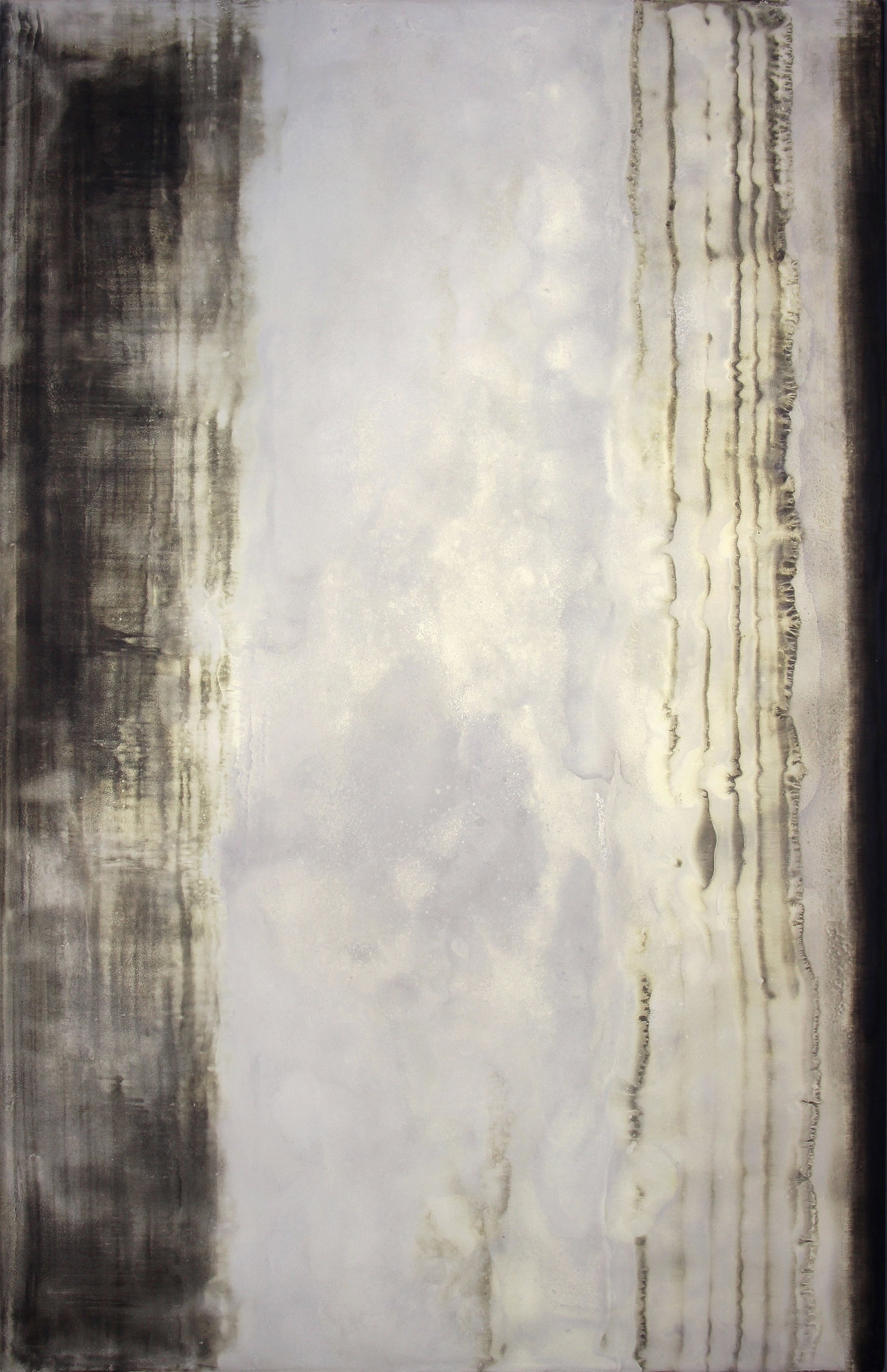 Gay Patterson, Charcoal and Cream: ARTIST: Gay Patterson (1948-2019) MEDIUM: Oil, Silver Mica on Aluminum Panel DATE: n.d. DIMENSIONS: 46 x 30 in. (image and framed) SIGNATURE: Unsigned; versos signed, titled and care instructions COND