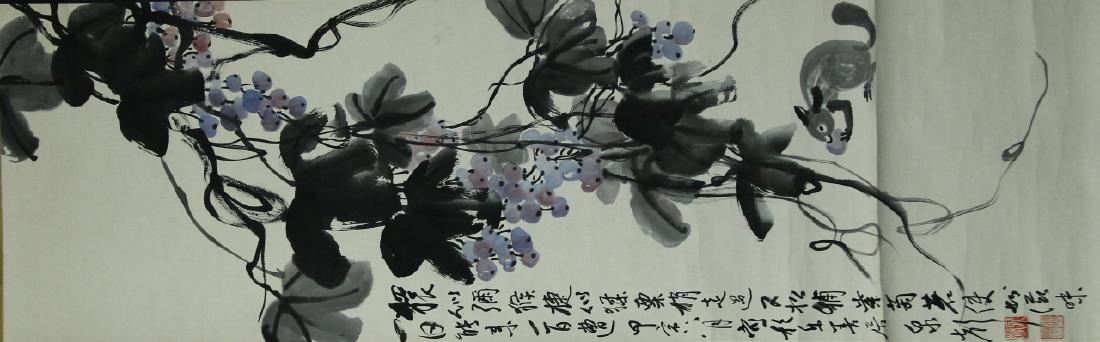 Chinese Scroll Painting of Fruit and Squirrel: China, scroll painting, colored ink on paper, scene in loose, thick brush strokes depicting a squirrel searching for fruit within a thick tree, with calligraphy and red mark. Width 15 1/2 in., Length 