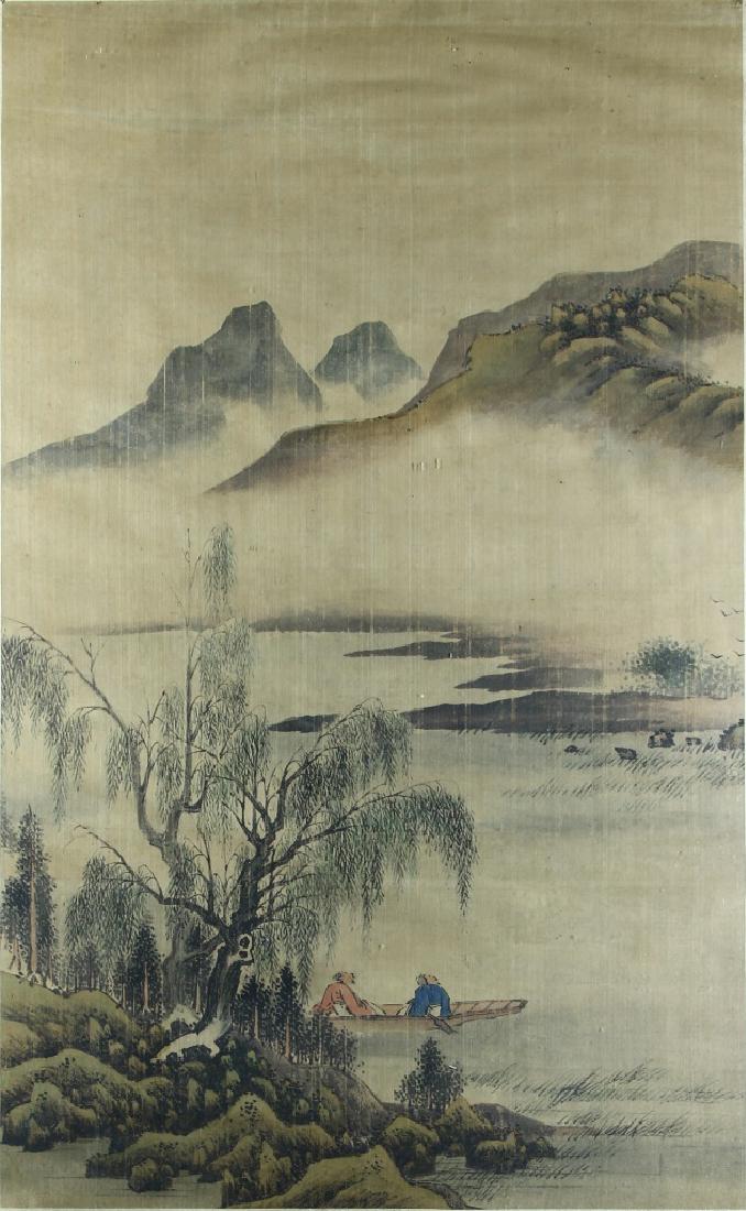 Chinese Landscape Painting: China, framed landscape painting featuring two robed figures seated in a long boat on the river floating by a large leafy tree with a mountainous skyline. Width 18 1/2 in., Length 30 1/4 in. Provenanc