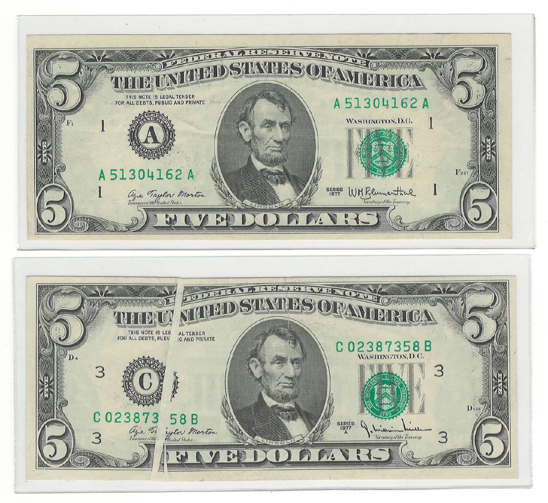 Five Misprinted U.S. Bank Notes: America, five bank notes with misprinting errors, two five dollar bills with Abraham Lincoln portrait, one ten dollar bill with Hamilton portrait, two one dollar bills with Washington portrait, some p