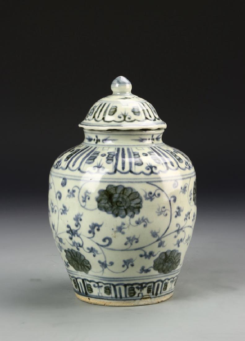 Rare Blue and White Covered Jar: China, early Ming Dynasty, probably Tienshun period (1457 – 1464 AD), decorated with 2-dimensional extending and interconnecting chrysanthemum branches and flowers in Yuan style. Provenance: Dr. Rob