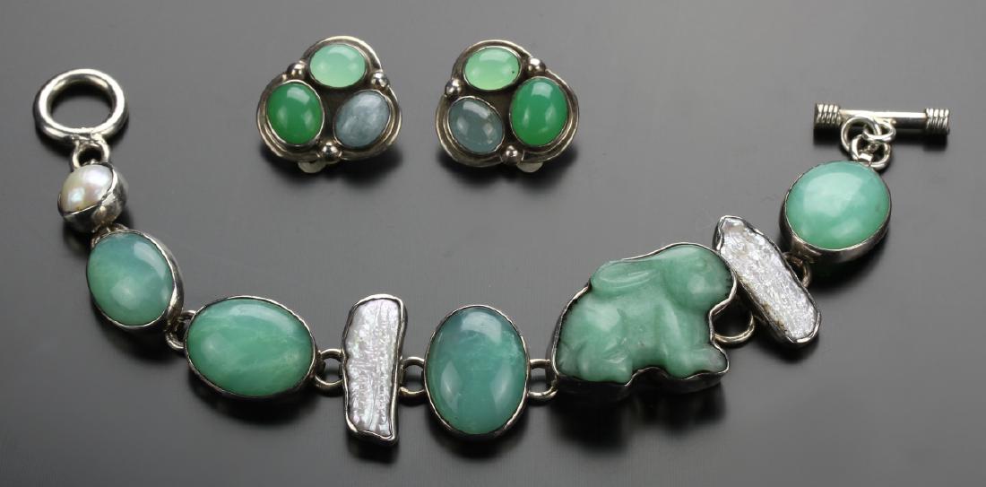 Chinese Silver and Jade Bracelet and Earrings (1 of 2)