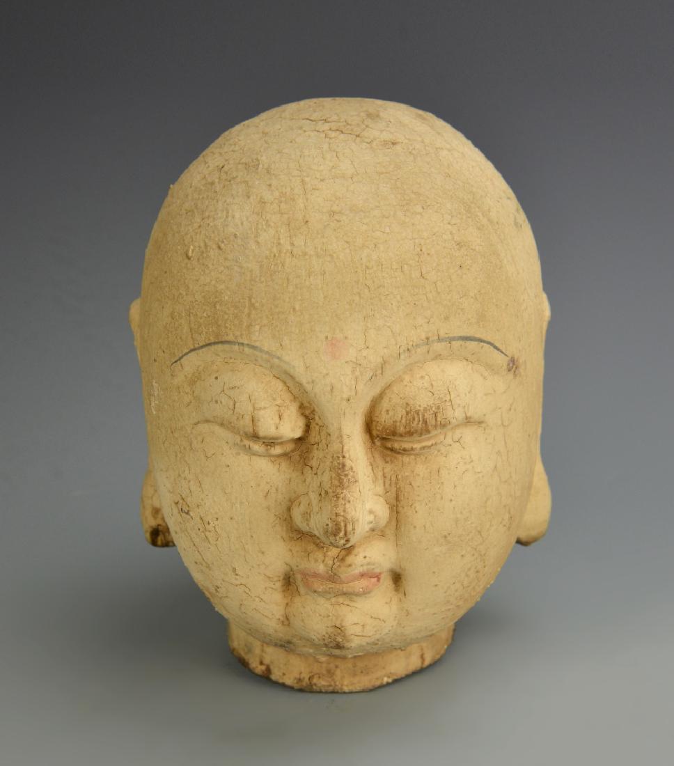 Chinese Antique Wood Buddha Head: China, antique wood Buddha head. Height 9 in.
