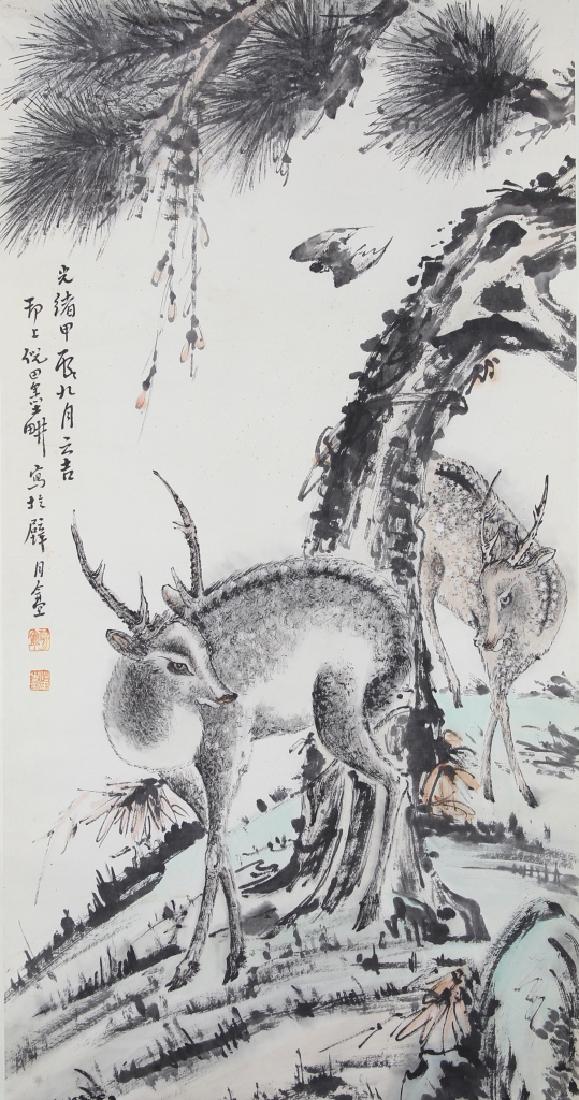Chinese Scroll Painting of A Deer in A Landscape (1 of 3)