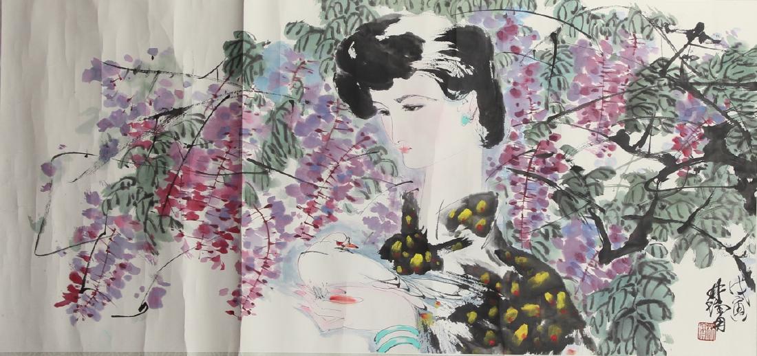 Chinese Scroll Painting: China, scroll painting, of a woman wearing a black and gold dress holding a white dove in her hand against a background of rich purple flowers, signature attributed to Lin Yun. Length 37 1/2 in., Widt