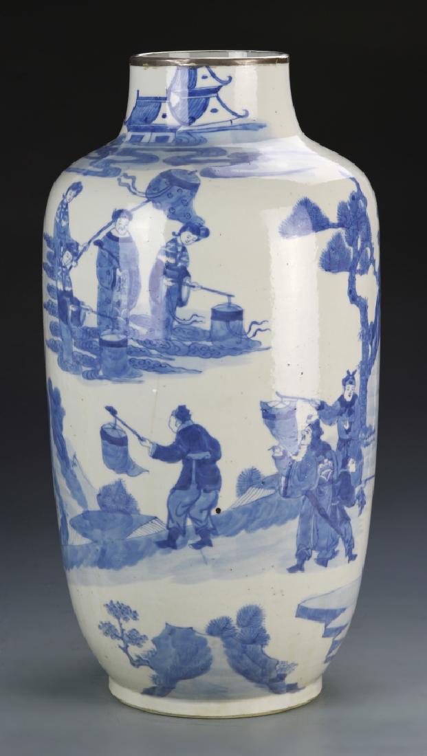 Chinese Blue and White Vase: China, 18th C., blue and white vase, rouleau body on footed base, repair on gilt rim, continuos scene painted in blue on a white ground of workers in a garden landscape, mark on base within double cir
