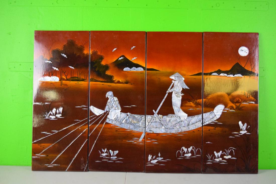 Four Piece Vietnamese Lacquer Panel: Vietnam, Four piece, vintage lacquer panel with inlay of mother of pearl. 31 in., 19 1/2 in.55423