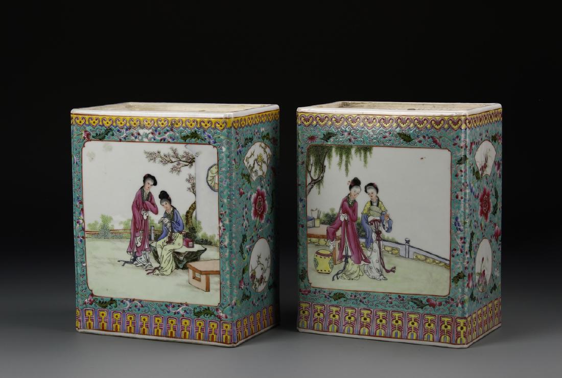 Pair of Chinese Drilled Famille Rose Square Vases: China, pair of Famille Rose drilled square vases. 9 1/2 in., 7 1/2 in., 5 in.
