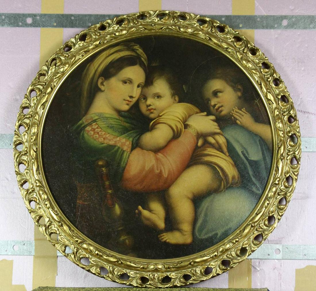 Round Gold Colored Frame: Round, gold colored frame with a printed design on glass. Diameter 20 in.