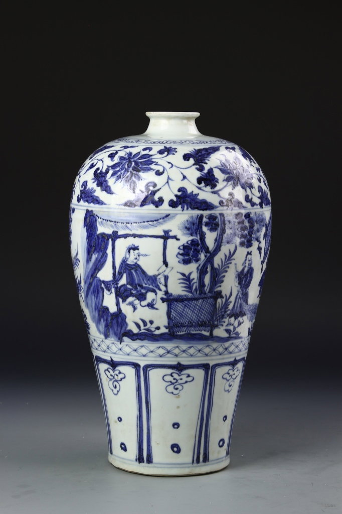 Chinese Blue and White Meiping Vase: China blue and white Meiping vase, small mouth, short neck, wide round shoulders, tapered sides to flat base, decorative scenes of robed figures in the woods. Height 14 3/4 in.