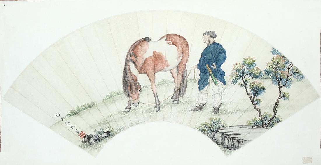 Chinese Fan Painting: China, fan painting on paper, a man wearing a blue jacket and simple grey cap, stands while his dappled chestnut and white horse grazes the grass, signature attributed to Lang Shi Ning. Length 8 1/2 i