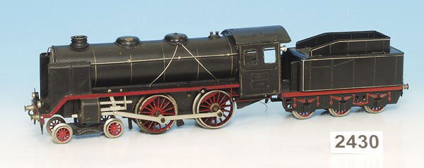 1 MÄRKLIN Uhrwerkdampflok E 921: Achsfolge 2'B, mit 3 achs. Tender, 53 cm, schwarz handlackiert, Lok original, Gebrauchsspuren, Tender n e u l a c k i e r t.